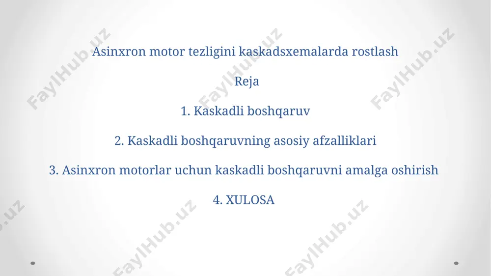 vi vosita tezligini dastur talablariga mos keladigan tarzda samarali sozlashi mumkin. asinxron motorlar uchun kaskadli boshqaruvni amalga oshirish motorni boshqarish tamoyillarini, elektrotexnika va boshqaruv tizimlarini to'liq tushunishni talab qiladi. bu, shuningdek, uzluksiz ishlashi va optimal ishlashini ta'minlash uchun asosiy va yordamchi drayverlarni sinchkovlik bilan tanlash va birlashtirishni o'z ichiga oladi. xulosa qilib aytish mumkinki, kaskadli sxemalarda asenkron motorning tezligini sozlash bir nechta boshqaruv tizimlarini birlashtirishni o'z ichiga olgan murakkab jarayondir. asosiy drayverning chastota nazoratini to'g'ridan-to'g'ri haydovchining moment nazorati bilan birlashtirib, kaskad boshqaruvi aniq tezlikni sozlashni va sanoat ilovalari uchun yaxshilangan ishlashni taklif qiladi. image2.jpeg image3.jpeg /docprops/thumbnail.jpeg