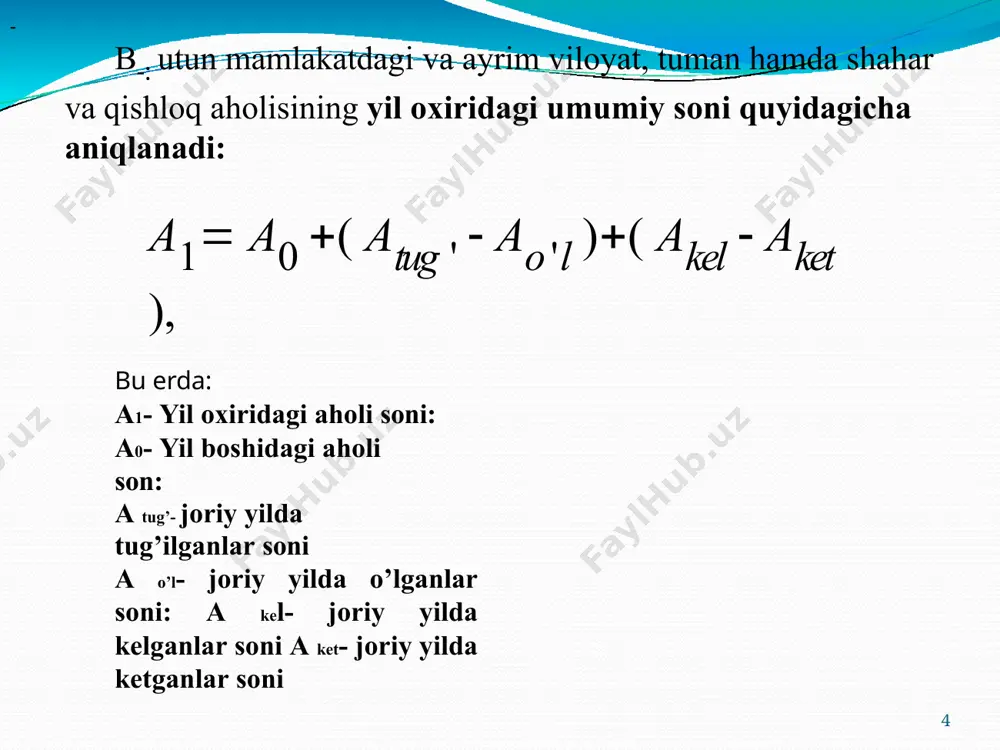 19 i21= i20p20 i22= i21p21 i17+ i18+ i19 i18+ i19+ i20 i19+ i20+ i21 i20+ i21+ i22 yoshni siljitni usulida aholining perspektiv sonini aniqlash tartibi demak,, n- yildagi 17 yoshli 3786 kishidan: n+2 yilga kelib: i18= i17p17 i18= 378699641=3772 kishi n+3 yilga kelib: i19= i18p18 i19= 377299600=3757 kishi n+4 yilga kelib: i20= i19p19 i20= 375799562=3740 kishi qolar ekan 19 dunyo aholisi 2050 yilga borib 9,7 milliardga erishishi rejalashtirilmoqda. bugungi kunda dunyo aholisi 7,3 milliard, 2030 yilga borib bmt desa yangi hisobotga ko'ra 2050 yilda 9,7 milliard, 2100 yilda 11,2 milliard, "jahon aholishunoslik istiqbollari 8,5 mlrdga erishishi kutilmoqda: "kelgusi yillarda ochmoq mumkin bo’lgan demografik o'zgarishlar, shuningdek, ular barqaror rivojlanishga erishish uchun ayrim qiyinchiliklar va imkoniyatlarni tushunish, yangi rivojlantirish dasturi ishlab chiqish va amalga oshirishda muhim rol o'ynaydi", dedi ijtimoiy aloqalar iqtisodiy bmt bosh –secretari, wu hongbo. 20 eng rejalashtirilgan dunyo aholisining o'sishi asosan afrikada, yuqori unumdorligi mamlakatlar yoki allaqachon katta aholi …