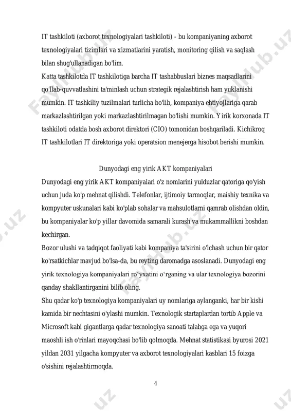 nslation it tashkiloti (axborot texnologiyalari tashkiloti) 4 it tashkiloti (axborot texnologiyalari tashkiloti) - bu kompaniyaning axborot texnologiyalari tizimlari va xizmatlarini yaratish, monitoring qilish va saqlash bilan shug'ullanadigan bo'lim. katta tashkilotda it tashkilotiga barcha it tashabbuslari biznes maqsadlarini qo'llab-quvvatlashini ta'minlash uchun strategik rejalashtirish ham yuklanishi mumkin. it tashkiliy tuzilmalari turlicha bo'lib, kompaniya ehtiyojlariga qarab markazlashtirilgan yoki markazlashtirilmagan bo'lishi mumkin. yirik korxonada it tashkiloti odatda bosh axborot direktori (cio) tomonidan boshqariladi. kichikroq it tashkilotlari it direktoriga yoki operatsion menejerga hisobot berishi mumkin. dunyodagi eng yirik akt kompaniyalari dunyodagi eng yirik akt kompaniyalari o'z nomlarini yulduzlar qatoriga qo'yish uchun juda ko'p mehnat qilishdi. telefonlar, ijtimoiy tarmoqlar, maishiy texnika va kompyuter uskunalari kabi ko'plab sohalar va mahsulotlarni qamrab olishdan oldin, bu kompaniyalar ko'p yillar davomida samarali kurash va mukammallikni boshdan kechirgan. bozor ulushi va tadqiqot faoliyati kabi kompaniya ta'sirini o'lchash uchun bir qator ko'rsatkichlar mavjud bo'lsa-da, bu reyting daromadga asoslanadi. dunyodagi eng yirik texnologiya …