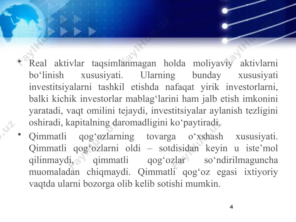 da namoyon bo‘ladi: moliya bozori barcha sektorlarining jadal sur’atlarda rivojlanishi bilan birga kechayotgan baynalminallashuv va globallashuv jarayonlarining chuqurlashuvi; transmilliy kompaniyalar, banklar va global moliya muassasalari, shuningdek, alohida davlatlar va davlatlar guruhlari o‘rtasidagi xalqaro raqobatning kuchayishi; chegaralarni oshib o‘tadigan moliyaviy oqimlarning yuqori sur’atlarda harakatlanishi va moliya bozorining tuzilmaviy sektorlari o‘rtasidagi aloqadorlikning oshishi; axborot tizimlari va elektron aloqa vositalarining jadal sur’atlarda rivojlanishi; bozorni bevosita tartibga solishning susaytirilishi; 14 moliya bozori ishtirokchilari faoliyatining an’anaviy sohalari o‘zgarishi; moliya bozori ishtirokchilarining ixtiyoriy qo‘shilishi yoki yirik ishtirokchilar tomonidan o‘z tarkibiga olinishi jarayonlari kuchaymoqda, bu esa, o‘z navbatida, moliya bozorining barcha sektorlarida operatsiyalarni amalga oshirish imkoniga ega bo‘lgan universal moliyaviy xoldinglarning yuza kelishiga sabab bo‘lmoqda; moliya bozoridagi operatsiyalar riskini kuchayishiga sabab bo‘luvchi derivativlar bilan bitimlar hajmi o‘sish tendentsiyasiga ega; aqsh dollari mavqeining tushishi va qadrsizlanishi, bu, o‘z navbatida, xalqaro moliya bozoridagi muvozanatning buzilishiga, zamonaviy moliya bozorining inqirozdan keyingi rivojlanishiga shart-sharoitlar yaratishga xizmat qilishi mumkin. 15 xalqaro kapital …
