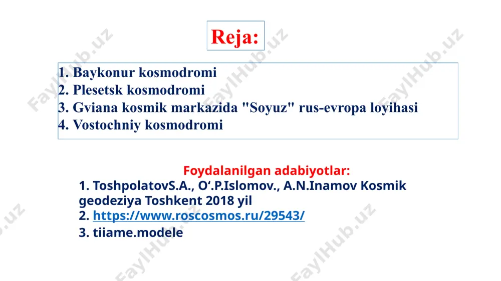 ildi. ushbu kosmodromdan germaniya titov, valentina tereshkova, aleksey leonov, svetlana savitskaya va mamlakatimizning boshqa kosmik qahramonlari bilan kosmik kemalarni kosmosga olib chiqqan raketalar uchirildi. 2. plesetsk kosmodromi (1966 yil ishga tushirilgan) plesetsk kosmodromining tarixi 1957 yil 11 yanvarda, "angara" kodli harbiy ob'ektni yaratish to'g'risida sssr hukumatining qarori qabul qilinganda boshlanadi. u r-7 qit'alararo ballistik raketalari bilan qurollangan raketa polklarining harbiy tuzilmasi sifatida yaratilgan, uning ishlab chiqarilishi s.p. korolyov boshchiligida amalga oshirilgan. plessetsk kosmodromi (rossiya federatsiyasi mudofaa vazirligining 1 -davlat sinov kosmodromi) dunyodagi eng shimoliy va eng yirik kosmodromlardan biri bo'lib, mudofaa bilan bog'liq rus va xalqaro kosmik dasturlarning bir qismini, shuningdek amaliy, ilmiy va uchuvchisiz kosmik kemalarning tijorat uchirilishi. kosmodrom rossiyaning arxangelsk viloyatining plesetsk viloyatida joylashgan. g'arbda kosmodrom hududi moskva-arxangelsk temir yo'li, shimolda yemsa daryosi bilan chegaralangan. kosmodromning umumiy maydoni 1762 km², uzunligi shimoldan janubga 46 km, sharqdan g'arbga 82 km. kosmodromda engil toifadagi "angara-1.2", "soyuz-2.1v", "rokot", o'rta sinf "soyuz-2.1a", …