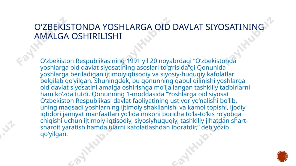o‘qishga kirayotgan yoshlarni ta’kidlash o‘rinli. yoshlarning ma’naviy dunyosini shakllantirish ular bilan ishlashning eng muhim yo‘nalishi va ularni jamiyatning ijtimoiy faol qismi sifatida tarbiyalashning bosh omili bo‘lib qolmoqda. bu o‘rinda ma’naviy va jismoniy barkamol avlodni voyaga etkazish masalasi biz uchun umummilliy, umumdavlat miqyosidagi vazifa bo‘lib, bu ezgu maqsad yo‘lida amalga oshirilayotgan ishlarimizni izchil va qat’iyatlilik bilan davom ettirish bugungi siyosatimizning diqqat markazida urganini yana bir marotaba ta’kidlab o‘tmoq lozim. yoshlarni ijtimoiy jihatdan himoya qilish jismoniy, aqliy, axloqiy jihatdan o‘sishini va o‘zbekiston xalqining manfaatlari yo‘lida ijtimoiy kamol topishini ta’minlash uchun yosh fuqarolar va ularning oilalariga beriladigan davlat kafolatlarini o‘z ichiga oladi. yoshlar ijtimoiy-siyosiy faolligi tushunchasi va uning mohiyati yoshlar ijtimoiy-siyosiy faolligi tushunchasi va uning mohiyati yoshlar ijtimoiysiyosiy faolligining fuqarolik jamiyatini shakllantirishdagi muhim omil sifatidagi o‘rni va ahamiyatini tahlil etishda eng avvalo, unga oid bo‘lgan ilmiy kategoriyalarni o‘rganish maqsadga muvofiq bo‘ladi. xususan, bunda “faollik”, “siyosiy faollik”, “ijtimoiy- siyosiy ”, “huquqiy faollik”, kabi siyosiy-huquqiy …