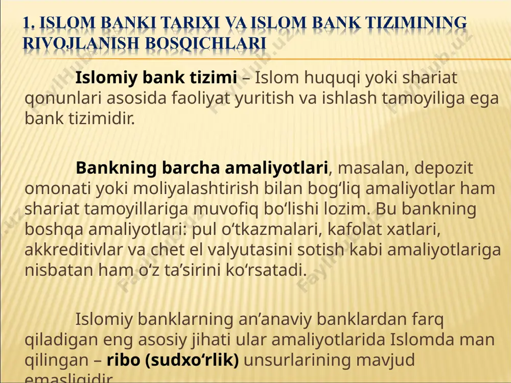 ta bosqichga ajratish mumkin ikkinchi bosqich 90-yillarning boshlarida islom moliyasi sohasi «tajriba maydoni»dan jahon moliya bozoriga e’tiborga loyiq, ammo hozircha juda yosh ishtirokchi sifatida chiqdi. umuman olganda, islom moliyasining rivojlanishiga bir qator musulmon davlatlari aholisi orasida mazkur tizimga bo’lgan yuqori talab va qulay iqtisodiy vaziyat turtki bo’ldi deyish mumkin. uchinchi bosqich islom moliyasi sohasida xalqaro standartlar ishlab chiqildi, turli o’quv dasturlari va sertifikatlar paydo bo’ldi 90-yillar oxiridan boshlab fors ko’rfazi mamlakatlaridagi aholi va biznes vakillari islom moliyasi mahsulotlarining mazmun-mohiyatini yaxshi tushunib etishi natijasida, bunday mahsulotlarga nisbatan bo’lgan talab ham yuksalib bordi. eng asosiysi, bu mamlakatlarda juda katta miqdordagi bo’sh mablag’larning (resurslar) borligi bo’ldi. bankchilar buni payqamasligi va bunday «katta shirin kulchaning» bir bo’lagini bo’lsa ham «uzib» olish imkoniyatini qo’ldan berishi tabiiyki, mumkin emasdi. shu tarzda bir qator an’anaviy banklar fors ko’rfazi mamlakatlari hamda malayziyada islom huquqi me’yorlari asosida faoliyat ko’rsatuvchi shahobcha va banklarni ocha boshladi. islom bank tizimi rivojlanishining jiddiy …
