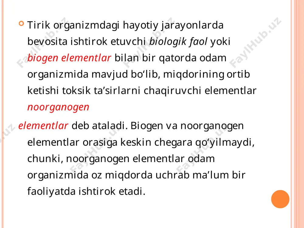 etishi ekologik havfli muhit yuzaga kelishiga olib keladi. elementlarning zararli ta’siri ularning atom tuzilishiga, endogen komplekslanish xossalariga, organizmda depolanish xususiyatiga va boshqa qator omillarga bogʻliq. elementlar ta’sir effektining miqdorga bogʻliqligi shu elementlarni tibbiyotda qoʻllash imkonini yaratadi. xususan tarkibida noorganogen elementlarni saqlovchi moddalarning kam miqdori turli kasalliklarni davolashda qoʻllanilishi odam organizimini zaharlanishiga olib kelmasligiga asoslangandir. bariy, ba. bariy yer po‘stida massa jihatdan 5 *10-2% ni tashkil etadi. organizmda 1 • 10- 5 % uchraydi. bariy ko‘z pigmenti qavatida uchraydi. uning miqdori qonda ortsa leykoz kasalligi kelib chiqadi. bu element odam organizmi uchun zaharlidir. bariy kalsiyni biomole- kulalardan siqib chiqaradi, bariyli raxit kelib chiqadi, bariyning eruvchan tuzlari zaharlidir, lekin tibbiyotda bariyning sulfat tuzi ishlatiladi, chunki uning eruvchanligi juda kichik bo'lib, ion hosil qilish ehtimoli kam, shuning uchun bu tuz rentgenodiagnostikada ishlatiladi. urov kasalligi-suyaklarning mo’tlashib, qiyshayishi sodir bo’ladi. bu holat stronsiy va bariyning ortishi natijasida co, ca va cu ning kamayishi tufayli kuzatiladi. …