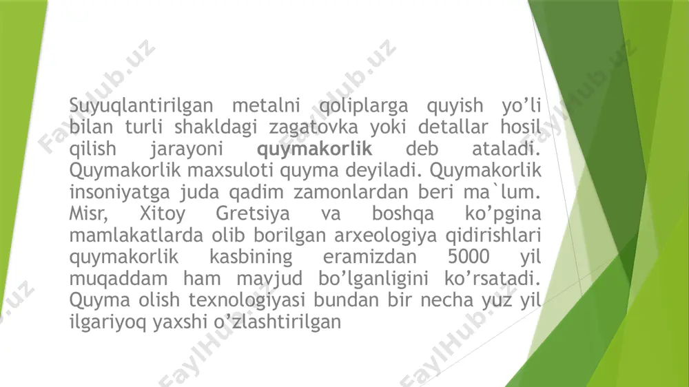 bilan) quyiladi. gorizontal uzluksiz quyma mashinasi odatda rangli qotishmalarni quyish uchun ishlatiladi. grafitli suvli sovutgichli qoliplar bilan turg'un kalıpta gorizontal ravishda uzluksiz quymalarning ommalashgan usul hisoblanadi. suvni sovutish (boshlang'ich va ikkilamchi) qotishma tezligi tufayli doimiy quymalar bilan ta'minlangan boshqa quymalarni olish usullaridan ko'ra ko'proq bo'ladi, shuning uchun doimo quymalarda tekis va nozik don tuzilishi va mexanik xususiyatlar yaxshilanadi. xulosa uzluksiz ravishda qazib olish nafaqat ishlab chiqarish jarayonida qo'llanilayotgan dasturni qo'llash bilan bir qatorda, jarayonning o'z jarayonida va ishlab chiqarishdagi boshqa jarayonlar bilan o'zaro munosabatlarda ham yangi rivojlanish davriga aylanmoqda. uzluksiz quymalar chiqishi jadal o'sish sur'atini ko'rsatdi. hozirgi jahon po'lat ishlab chiqarishning 50% dan ortig'i uzluksiz quyiladi va yaponiyada uzluksiz quymachilik 80% dan oshadi. foydalanilgan adabiyotlar babaev h. metallarni quyish usullari. bmi. t-2013 bolxovitinov n.f. metallovedenie i termicheskaya obrabotka. «mashinostroenie», moskva, 1965. dolmatovskiy t.a. spravochnik texnologa po obrabotke rezaniem. mashgiz, 1962 . dubinin m.p. i dr. texnologiya metallov. https://www.wikipedia.org/eng https://www.google.com https://www.ziyonet.uz …