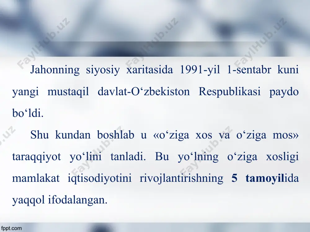 tashkil etmoqda (2018-y.). holbuki, bu ko‘rsatkich 2000-yilda 14,2 foizdan iborat edi. endilikda mamlakatimiz iqtisodiyoti o‘zaro bog‘ lan gan sanoat, qishloq xo‘jaligi, trans­port, qurilish, aloqa, savdo, fan, ta’lim, sog‘liqni saqlash kabi tarmoqlarni o‘zida birlashtiradi (17-rasm). og‘ir sanoat, ayniqsa, mashinasozlikning jadal yuksalishi qishloq xo‘jaligi, yengil va oziq-ovqat sanoati korxonalari unumli-samarador mashina va mexanizmlar bilan qayta jihozlanishiga, mamlakat mudofaa quvvatining kuchayishiga imkon beradi. eng muhimi, mamlakat texnik qaramlikdan qutuladi. mamlakatning bozor munosabatlariga bosqichma-bosqich o‘tishining yana bir sharti kichik biznes va xususiy tadbirkorlikni rivojlantirish hisoblanadi. kichik biznesni har tomonlama qo‘llab-quvvatlanishi va yanada rivojlantirish natijasida uning yalpi ichki mahsulotdagi ulushi muttasil oshmoqda (18-rasm). mustaqillikka qadar o‘zbekiston qishloq xo‘jaligi, asosan, ekstensiv yo‘l bilan rivojlandi. ekstensiv xo‘jalik yuritish - ishlab chiqarishni fan-texnika yutuqlari va zamonaviy mexanizatsiya imkoniyatlari o‘rniga ta biiy boyliklarni jadal o‘zlashtirish hisobiga yuksaltirish usuli. ekstensiv xo‘jalik yuritish usuli natijasida yoqilg‘i, energiya, inson omili, ayniqsa, suv ko‘p sarflandi. suv sarfining ko‘payishi orol fojiasini keltirib chiqargan sabablardan …