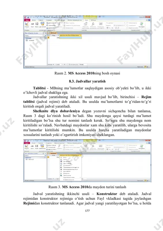 yangi vkladkalar paydo bo’lishi mumkin, masalan: jadval yaratish vaqtida rabota s tablitsami deb atalgan vkladkalar guruhida polya va tablitsa vkladkalari paydo bo’ladi. ms access bosh oynasining ish sohasida, yangi jadval yaratish uchun odatiy qabul qilingan tablitsa1 nomli jadvalning kod deb atalgan schetchik turidagi maydoni va yangi maydon kiritish uchun mo’ljallangan sariq rangdagi fonda shelknite dlya dobavleniya degan yozuvi bo’lgan maydon joylashgan bo’ladi. rasm 2. ms access 2010ning bosh oynasi 8.3. jadvallar yaratish tablitsi - mbning ma’lumotlar saqlaydigan asosiy ob’yekti bo’lib, u ikki o’lchovli jadval shakliga ega. jadvallar yaratishning ikki xil usuli mavjud bo’lib, birinchisi – rejim tablitsi (jadval rejimi) deb ataladi. bu usulda ma’lumotlarni to’g’ridan-to’g’ri kiritish orqali jadval yaratiladi. shelknite dlya dobavleniya degan yozuvni sichqoncha bilan tanlansa, rasm 3 dagi ko’rinish hosil bo’ladi. shu maydonga qaysi turdagi ma’lumot kiritiladigan bo’lsa shu tur nomini tanlash kerak. so’ngra shu maydonga nom kiritilishi so’raladi. navbatdagi maydonlar xam shu kabi yaratilib, ularga bevosita ma’lumotlar …