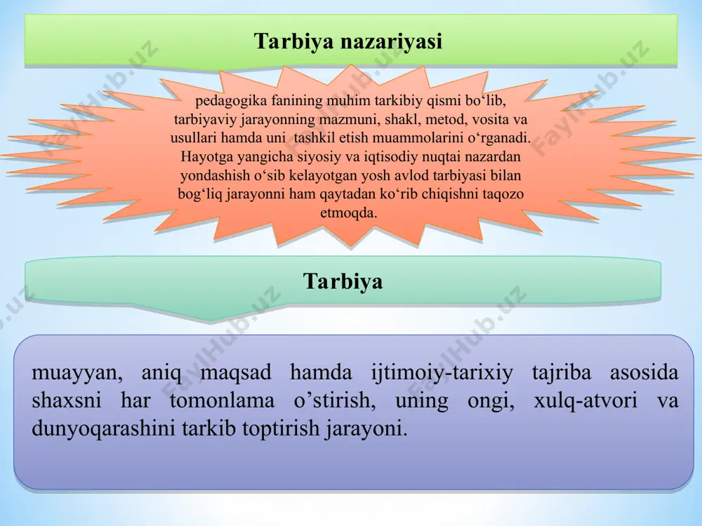 va jamoaga suyanib ish ko’rish tamoyillari o’qituvchilar, jamoat tashkilotlari va oilaning talab hamda tarbiyaviy ta’sirlarining birligi tarbiyalanuvchining yosh va individual xususiyatlarini hisobga olish tarbiya jarayonining tizimligigi va uzluksizligi shaxsga talabchanlik bilan hurmatni birga qo’shib olib borish axloqiy tarbiya aqliy tarbiya jismoniy tarbiya estetik tarbiya ekologik tarbiya iqtisodiy tarbiya mehnat tarbiyasi huquqiy tarbiya ijtimoiy tarbiya yo’nalishlari tarbiya va tarbiyalanuvchilar orasidagi munosabatlar uslubiga ko’ra turli falsafiy kontseptsiyalar bilan bog’liqlikda avtoritar demokratik liberal erkin tarbiya pragmatik (falsafiy) aksiologik jamoaviy individual yuqorida bayon etilgan fikr-mulohazalarga tayangan tarbiya borasida quyidgicha xulosa qilish mumkin: tarbiya muayyan, aniq maqsad hamda ijtimoiy-tarixiy tajriba asosida shaxsni har tomonlama o‘stirish, uning ongi, xulq-atvori va dunyoqarashini tarkib toptirish jarayoni bo‘lib, har qanday tuzum va zamonda ijtimoiy munosabatlar mazmunini aniqlash, ularni tashkil etish asosi bo‘lib kelgan. yosh avlod tarbiyasi turli makon va zamonda muayyan maqsad asosida tashkil etiladi. ijtimoiy tarbiyani yo‘lga qo‘yish jarayonida bir qator vazifalar hal etiladi. tarbiyaning maqsad va vazifalari …