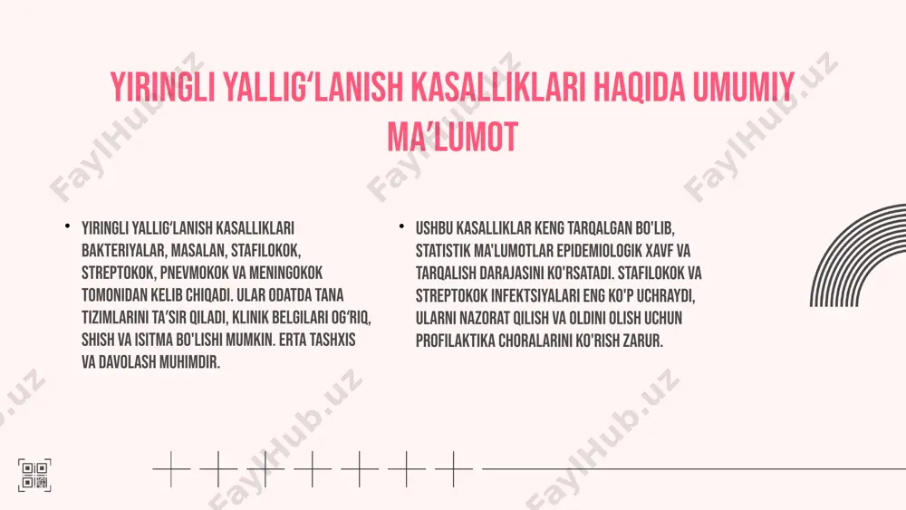 i va davolash jarayonini nazorat qilishda yordam beradi. serologik testlarning roli serologik testlar antijenlar va antikorlarni aniqlash uchun ishlatiladi, masalan meningokokk, streptokokk va pneumokokk infektsiyalarida. ular tez va aniq tashxis qo‘yishda, klinik yordam va davolashni monitoring qilishda muhimdir. serologik usullarni qoʻllash jarayoni ushbu usullar uchun namunalar yig‘ish, immunoenzim, agglutinasiya, immunofluorescensiya kabi testlar qo‘llanadi. bu jarayonlar yordamida antijenlar va antikorlar aniqlanadi, natijalar esa klinik qarorlar uchun asos bo‘ladi. serologik usullar va diagnostikasi molekulyar usullar pcr (polimeraza zanjirli reaksiyasi) va boshqa molekulyar diagnostika usullari bakteriyalarning genetika materialini aniqlashda keng qo'llaniladi. bu usullar yuqori aniqlik va sezuvchanlik bilan bakteriyalarni aniqlash imkonini beradi, ayniqsa, kultivatsiya qilish qiyin bo'lganda. molekulyar diagnostika usullari afzalliklari orasida tezkorlik, yuqori sezuvchanlik va ayni vaqtda ko'plab patogenlarni aniqlash imkoniyati bor. ular keng tarqalgan klinik va laboratoriya muhitlarida, shuningdek, epidemiologik tadqiqotlarda ham qo'llaniladi. 1 2 stafilokok va streptokok: klinik farqlari stafilokoklar: ko'pincha teri va ichki a'zolarda joylashgan bo'lib, pufakchal va abseslar, …