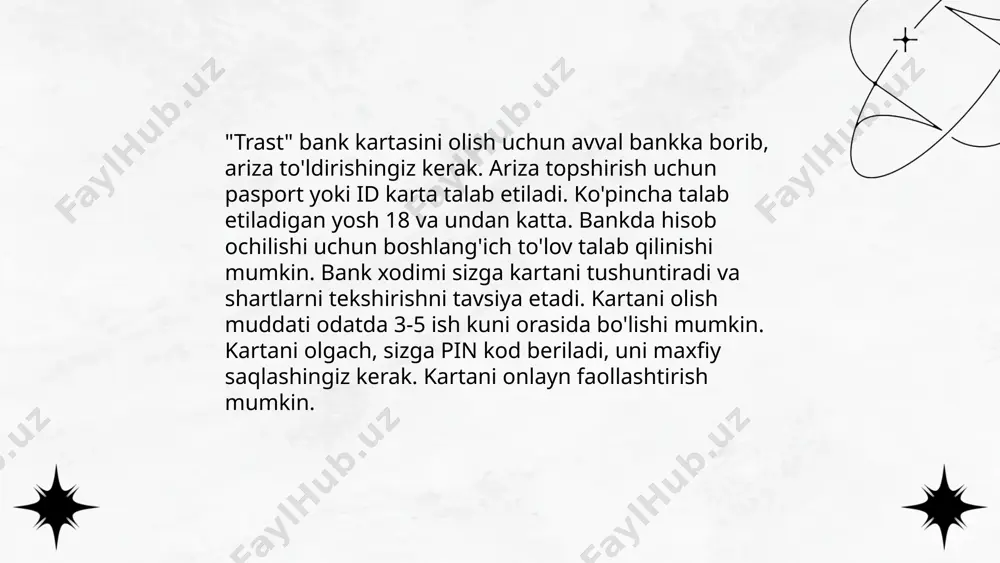 an kiyim-kechak (35%), elektronika (25%), va oziq-ovqat (20%) kabi tovarlarga sarflandi. trast bank kartalari bilan to'lov, 3d secure kabi xavfsizlik tizimlari bilan ta'minlangan. ... t.me/slaydai_bot 10. trast bank kartasini bloklash usullari trast bank kartasini bloklash usullari quyidagilardan iborat: 1) bankning mijozlarga xizmat ko‘rsatish telefon raqamiga qo‘ng‘iroq qilish orqali. 2) trast bank mobil ilovasi orqali kirib, blokirovka bo‘limida kartani bloklash. 3) internet-banking tizimiga kirib, menyuda kerakli bo‘limni tanlash. 4) yaqin bank filialiga murojaat qilib, shaxsan ariza topshirish orqali. 5) sms-xabar orqali tegishli raqamga karta raqamini va bloklash kodini yuborish. ushbu choralar karta yo'qolgan yoki o'g'irlangan holatlarda xavfsizlikni ta'minlashga yordam beradi. ... t.me/slaydai_bot 11. trast bank kartasining valyuta opsiyalari quyidagicha: trast bank o'z mijozlariga ko'p valyutali kartalarni taklif etadi. ushbu kartalar yordamida mijozlar o'z mablag'larini 3 xil valyutada saqlashlari mumkin: aqsh dollari (usd), yevro (eur) va o'zbekiston so'mi (uzs). bu opsiyalar mijozlarga turli valyutadagi xaridlarni amalga oshirishda qulaylik yaratadi. shuningdek, bank o'ziga …