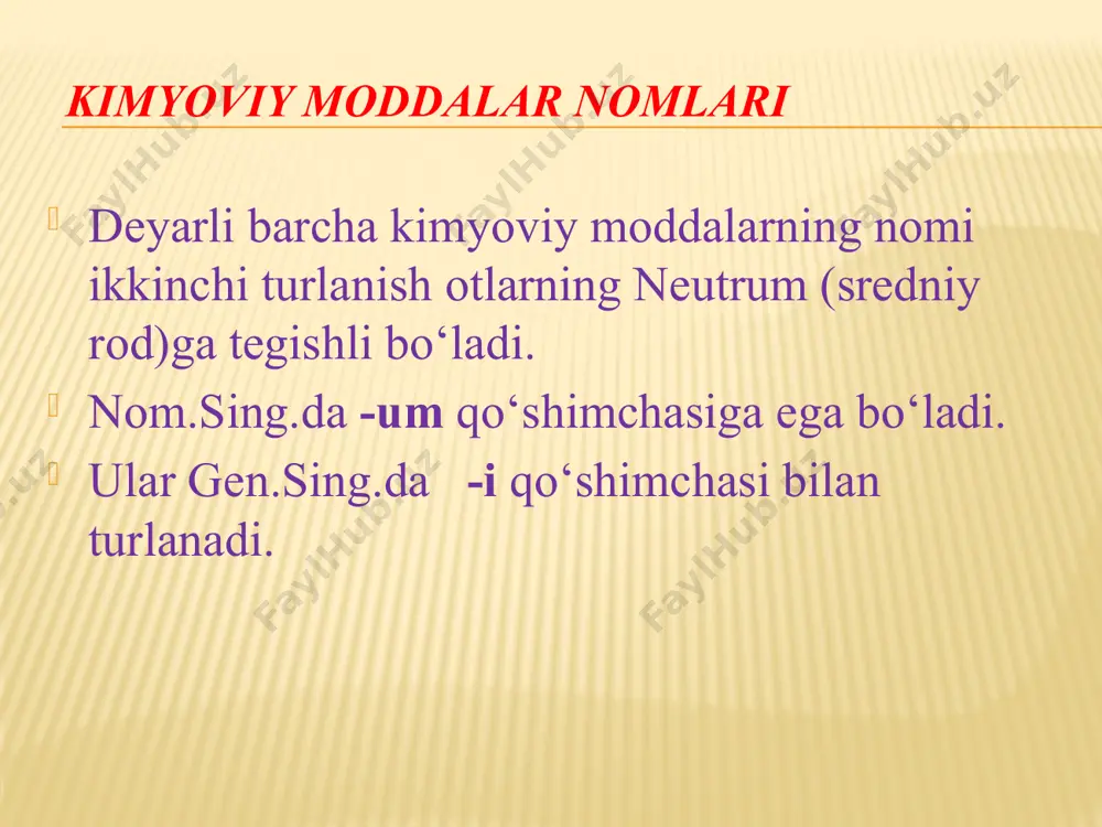 hi turlanishdagi otlarnuing neutrum rodiga taalluqli bo‘lmaydi: phosphorus, i, m – fosfor so‘zi ikkinchi turlanishdagi otlarnuing masculinum rodiga tegishli bo‘ladi; sulfur, uris, n - oltingugurt so‘zi uchinchi turlanishdagi otlarnuing neutrum rodiga tegishli bo‘ladi. kimyoviy moddalar nomlari hozirgi zamon farmatsevtikasida dori sifatida kimyoviy moddalar va birikmalar ko‘plab qo‘llaniladi. retseptlarda kimyoviy moddalar nomlari gen.sing.da yoziladi: rp: ferri 0,5 rp: zinci oxydi 10,0 rp: natrii chloridi 5,0 ml kimyoviy moddalar nomlarini toping. oxygenium ftor plumbum magniy lithium kalsiy magnium kislorod calcium litiy fluorum qo‘rg‘oshin kislota nomi lotin tilida kislotalar nomi avval acidum (kislota) so‘zi ot shaklida yoziladi va kislotaning nomi sifat kabi rodda, sonda va kelishilda moslashtirib yoziladi. i-ii turlanishdagi sifatlar kabi tirlanadi : acidum lacticum —sut kislotasi acidum boricum —borat kislotasi kislota nomi kislotalar retseptda quyidagicha yoziladi, ya’ni kislota nomidagi ikkala so‘z ham qaratqich kelishigiga o‘tadi: acidi lactici —sut kislotasining acidi borici —borat kislotasining kislota nomi kislotalar nomi lotin tilida yozilganda tarkibidagi …