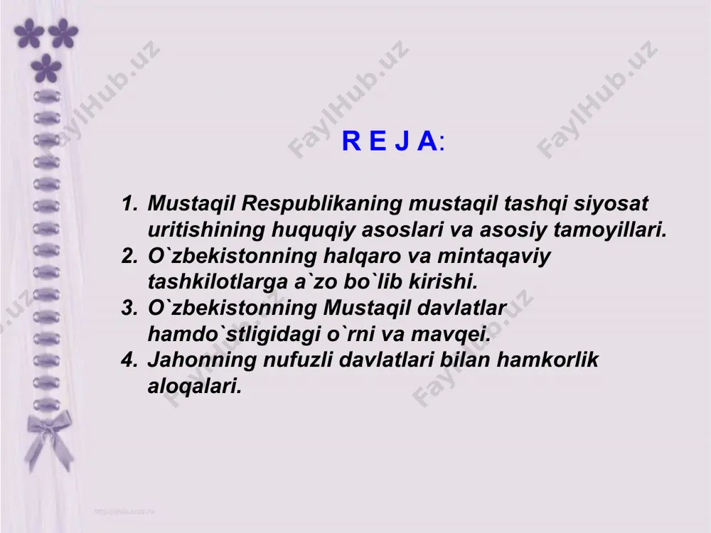 o`ralib rivojlanmagan. aksincha, mustaqil rivojlanish yo`lini tanlashi bilanoq jahon hamjamiyatga qo`shilish orqali o`z taqdirini belgilagan (usmonov q. va boshqalar. o`zbekiston qaramlik va mustaqillik yillarida.-toshkent: o`qituvchi, 1996.-b.92). o`zbekistonning jahon hamjamiyatga qo`shilish davri g`oyat bir murakkab va qaltis davrga to`g`ri keldi. sobiq ittifoq tarqalib ketgach dunyo asosan ikki qutbli (sssr va aqsh) bo`lgan bo`lsa, endi ko`p qutbli bo`lib qolgan edi. xx asr o`z g`avg`olari, to`palonlarini, qirg`inlarini biz yashayotgan xxi asrga meros qilib qoldirib hayr ma`zur qilayotgan bir davrga to`g`ri keldi. o`zbekiston geosiyosiy jihatdan qulaylik tug`diruvchi imkoniyatlar bilan birga, bu borada kiyinchiliklar tug`diruvchi bir qancha omillar ham mavjud edi. garchi, tashqi siyosat sohasidagi an`analarimizning ildizlari uzoq moziyga borib taqalsa-da, mustamlaka davridagi yo`qotishlar natijasida, dastlabki paytlarda respublikamiz tashqi siyosat uritish tajribasiga ham, jahon diplomatiyasini biladigan kadrlarga ham ega emas edi. tashqi siyosiy diplomatik, iqtisodiy va madaniy aloqalarni o`zi mustaqil boshlashga to`g`ri kelsada, respublika rahbariyati bu boradagi muammolarni echishga dadil kirishdi, uqorida ta`kidlab o`tilgan kiyinchiliklarni …