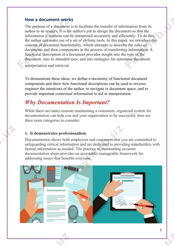 ny other expectations of people who join your company. once you outline what's important for the business and how to achieve goals, your overall group effort will be more direct and focused. as a result, your employees can reach goals sooner and with more ease. 3 3. the business can be more profitable documenting information and processes saves employees time by offering answers to questions in an accessible way. employees can spend more time working than getting caught up in solving problems for themselves or their coworkers. when businesses document procedures, they can run more efficiently. formal vs informal documentation while records of employment should be formal, it is appropriate for other documentation to be informal. for example, a manager might keep a casual record of discussions she's had with employees throughout the year to address during one- on-one check-ins with them about their goals, projects or level of morale. …