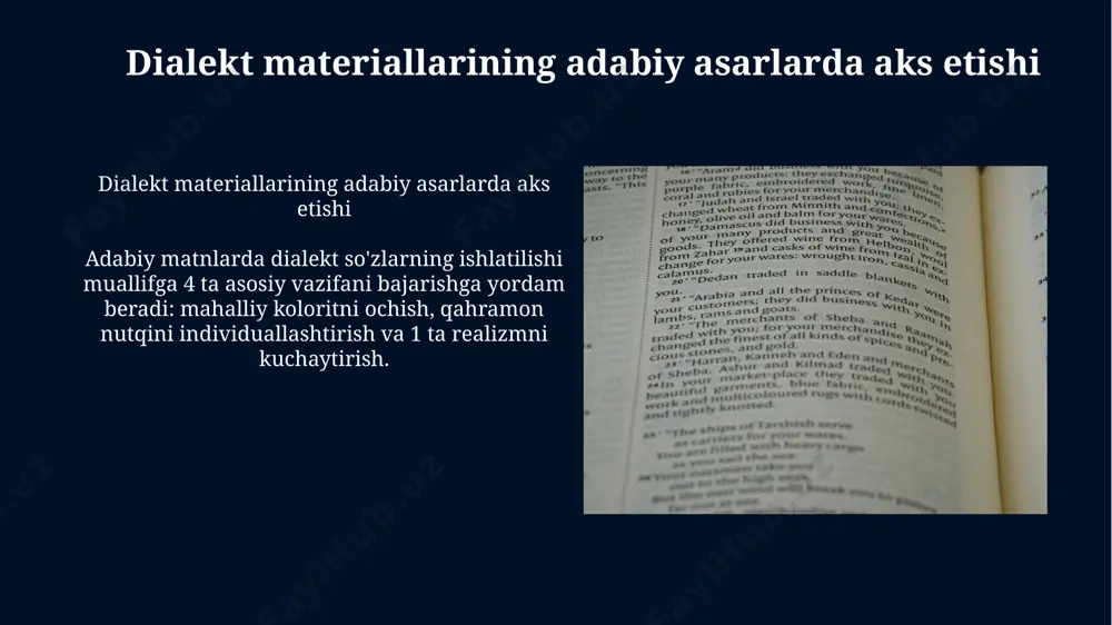 uning me'yorlari kodifikatsiya qilindi, bu esa tilni yanada standartlashtirishga olib keldi. adabiy tilning shakllanish tarixi oʻzbek tilshunosligida dialektologiyaning oʻrni oʻzbek dialektologiyasi adabiy til bilan shevalar oʻrtasidagi munosabatni, 5 ta asosiy fonetik hodisani va soʻz yasalishidagi 7 dan ortiq dialektal farqlarni aniqlash orqali til rivojini tahlil qiladi. dialektologiya, 1960-yillardan boshlab, oʻzbek tilshunosligida adabiy til meʼyorlarini aniqlashda va 10 dan ortiq shevalarning fonetik, leksik xususiyatlarini oʻrganishda muhim rol oʻynaydi. dialektlarning saqlanishi va kelajagi dialektlarning saqlanishi va kelajagi dialektlarning saqlanishi va kelajagi oʻgʻuz lahjasi oʻgʻuz lahjasida ba'zi soʻzlarning boshidagi "g'" harfi "q" ga aylanadi. masalan, "gap" soʻzi "qap" shaklida, "gul" soʻzi esa "qul" tarzida aytilishi 10 ga yaqin soʻzda uchraydi. oʻgʻuz lahjasida "oʻ" unlisi "u"ga yaqinroq talaffuz etiladi, ayniqsa, 50 dan ortiq fe'l va otlarda bu holat kuzatiladi. misol uchun, "oʻqish" soʻzi "uqish"ga oʻxshab eshitiladi. e'tiboringiz uchun rahmat @taqdimot_robot image5.jpg image6.jpg image7.jpg image8.jpg image9.jpg image10.jpg image11.jpg image12.jpg image13.jpg image14.jpg image15.jpg image16.jpg image17.jpg image18.jpg …