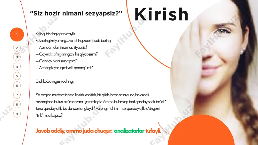 analizator) • sezgi turi: yorug‘lik, rang, shakl, fazo • reseptorlar: fotoretseptorlar (tayoqchalar va konuslar) — retina (ko‘z to‘r pardasi)da joylashgan • markaziy qismi: oksipital soha (brodman 17, 18, 19 maydonlar) • vazifasi: tasvir, harakat, masofa, rangni idrok qilish 2. eshitish analizatori (auditorial analizator) • sezgi turi: tovush to‘lqinlari (tebranish chastotasi, kuchi, tembri) • reseptorlar: korti organi — ichki quloqning eshituv retseptorlari • markaziy qismi: temporal soha (41–42-brodman maydonlari) • vazifasi: tovushlarni qabul qilish, eshitish, musiqa, so‘zlarni idrok qilish 3. teri-sezgir (taktil) analizator • sezgi turi: bosim, teginish, og‘riq, harorat • reseptorlar: teri va shilliq qavatlardagi mexano-, termo-, nocyseptorlar • markaziy qismi: parietal soha (1, 2, 3-brodman maydonlari) • vazifasi: tashqi ta’sirlarga sezgirlik, himoya reaktsiyalari 4 3 1 5 2 7 6 8 9 5 3 1 4 2 7 6 8 9 4. ta’m analizatori (gustator analizator) • sezgi turi: shirin, achchiq, nordon, sho‘r, umami • reseptorlar: til sohasidagi ta’m …