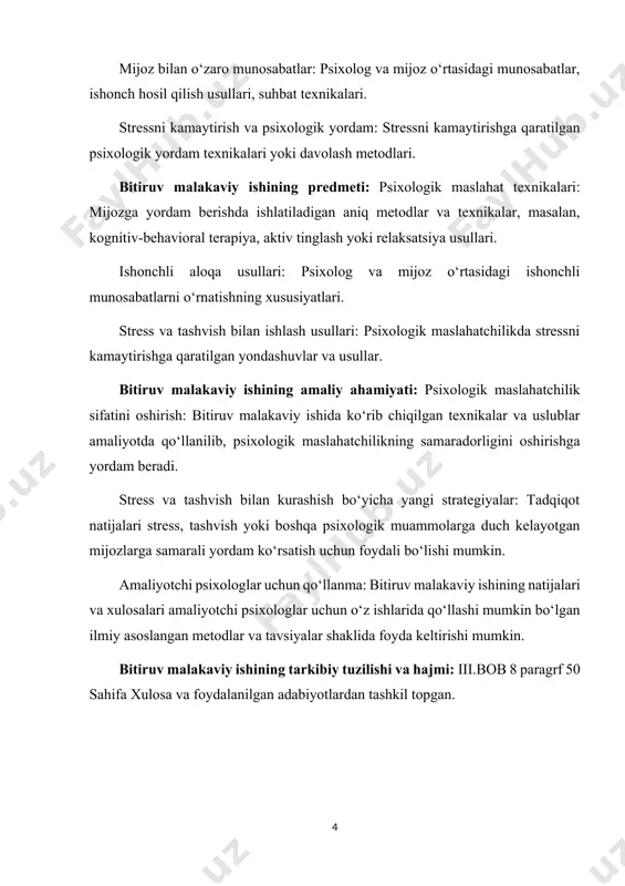 on, 2019.] individuallik: har bir inson o‘ziga xos, shuning uchun psixologik maslahat har bir mijozning shaxsiy ehtiyojlari va xususiyatlariga mos keladi. konfidensiallik: mijozning shaxsiy ma'lumotlari va hissiy holati faqat maslahat jarayonida qoladi va ularni oshkor etish qonuniy himoya ostidadir. faol tinglash va empatiya: psixologlar mijozning so‘zlarini diqqat bilan tinglaydi, uning hissiyotlarini tushunishga va uni qabul qilishga harakat qiladi. ziddiyatsiz muhit yaratish: psixologlar mijozga xavfsiz va ziddiyatsiz muhit yaratib, ularning ochiq va ochiq-oydin bo‘lishlariga yordam beradi. psixologik maslahatning asosiy vazifalari: muammolarni aniqlash va tahlil qilish: mijozning hayotidagi qiyinchiliklarni chuqurroq tushunishga yordam berish. maslahatchi insonning muammolarini birgalikda ko‘rib chiqadi va ularga yechim topishda yordam beradi. emotsional yengillik berish: mijoz o‘z his-tuyg‘ularini ochiq ifoda qilishga imkon topadi, bu esa psixologik yengillik keltiradi. bu vazifa maslahatchining empatiyasi, tinglash va tushunish qobiliyatiga asoslangan. o‘zini anglashni rivojlantirish: inson o‘zini chuqurroq tushunish, o‘z qobiliyatlari va zaif tomonlarini bilish orqali shaxsiy o‘sishga erishadi. bu jarayonda o‘z-o‘zini anglash darajasini …