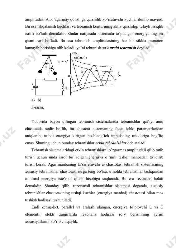 ishlar ul0 =uc0 ning u dan necha marta kattaligi quyidagi nisbatdan aniqlanadi: bunda: q – konturning sarxilligi yoki sifat koeffitsiyenti, unga teskari bo’lgan miqdor konturning so’nishi deyiladi. ketma-ket ulangan rezonans zanjirning chastotaviy (rezonansli) tavsiflari 5-rasmda zanjirning to’la qarshiligi z va uning tashkil etuvchilari r va x, shuningdek, burchak siljishi φ ni manba chastotasining o’zgarishiga ω= var ga (manba kuchlanishi o’zgarmas u=const bo’lganda) bog’liqligi (egri chiziqlar) ko’rsatilgan. funksiyali egri chiziq ω ning 0 dan ∞ gacha o’zgarganda r(ω) to’g’ri chiziq va x(ω) egri chiziqlarning koordinatalarini geometrik qo’shish natijasida hosil qilingan (6.5-a rasm). aktiv qarshilik r ning qiymati tokning chastotasiga bog’liq emas (bundan radio chastotali zanjirlar mustasno), ya’ni r(ω) absissalar o’qidan r masofada joylashgan to’g’ri chiziqdir. x reaktiv qarshilik -∞ dan +∞ gacha o’zgaradi, ya’ni x(0)=-∞ va x(∞)=∞ bo’lgan x(∞) egri chizig’i bilan ifodalanadi. rezonans paytida (ω=ω0), ω bo’lgani uchun x=0. shu tufayli, to’la qarshilik z(ω) ning manba chastotasiga bog’liqligi z(0)=-∞ z(ω0)=r …