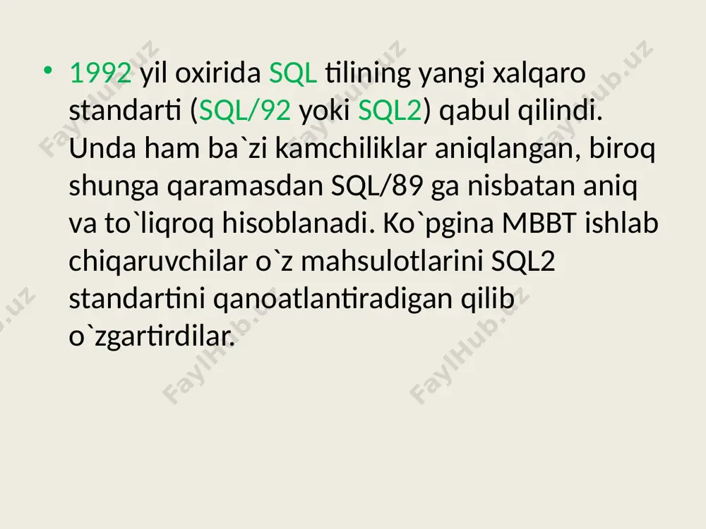 vlari boshqa dasturlash tillarida yaratilgan dastur tarkibiga kiritiladi. natijada, mb bilan amaliy dasturlar orqali ishlash ta`minlanadi. bu erda qo`shimcha dasturiy vosita kerak bo`ladi. u dasturlash tili bilan sql operatorlari o`rtasidagi interfeysni ta`minlab beradi. sql operatorlarini yozish 1- jadval. ma`lumotlarni aniqlash operatorlari ddl (ma`lumotlarni aniqlash tili) operator ma`nosi amal create table jadval yaratish mb da yangi jadval yaratish drop table jadvalni o`chirish mb dan jadvalni o`chirish alter table jadvalni o`zgartirish mavjud jadval tuzilmasini o`zgartirish yoki joriy jadval uchun o`rnatilgan butunlik cheklanishlarini o`zgartirish create view tasvir yaratish biror sql –so`roviga mos virtual jadvalni yaratish sql operatorlarini yozish 2 jadval. ma`lumotlarni boshqarish operatorlari dcl (data control language) – ma`lumotlarni boshqarish tili operator ma`nosi amal alter database mb ni o`zgartirish butun mb ga tegishli bo`lgan ob`ektlar va cheklanishlar to`plamini o`zgartirish alter dbarea mb saqlash sohasin o`zgartirish avval yaratilgan saqlash sohasini o`zgartirish alter password parolni o`zgartirish butun mb parolini o`zgartirish create database mb yaratish barcha …