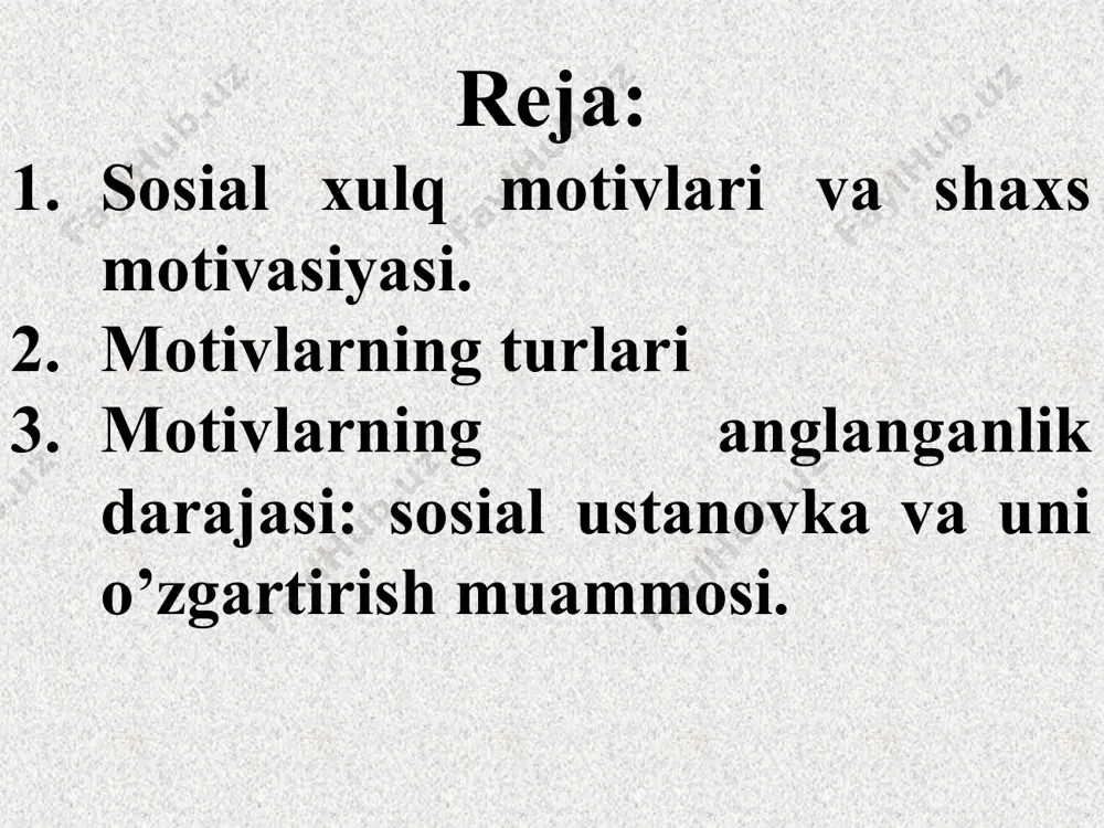 ular shaxs tomonidan anglanishi yoki anglanmasligi ham mumkin. ya’ni, ba’zan shunday bo’ladiki, shaxs o’zi amalga oshirgan ishi yoki o’zidagi o’zgarishlarga nisbatan shakllangan munosabatning haqiqiy sababini o’zi tushunib yetmaydi, «nega?» degan savolga «o’zim ham bilmay qoldim, bilmayman», deb javob beradi. bu anglanmagan dispozisiyalar yoki ustanovkalar deb ataladi. agar shaxs biror kasbga ongli tarzda qiziqib, uning barcha sir-asrorlarini egallash uchun astoydil harakat qilsa, bunda vaziyat boshqacharoq bo’ladi, ya’ni, dispozisiya anglangan, ongli hisoblanadi. shu nuqtai nazardan motiv — konkretroq tushuncha bo’lib, u shaxsdagi u yoki bu xulq-atvorga nisbatan turgan moyillik, hozirlikni tushuntirib beruvchi sababni nazarda tutadi. mashhur nemis olimi kurt levin motivlar muammosi, ayniqsa, shaxsdagi sosial xulq motivlari borasida katta keng qamrovli tadqiqotlar olib borib, shu narsani aniqlaganki, har bir odam o’ziga xos tarzda u yoki bu vaziyatni idrok qilish va baholashga moyil bo’ladi. shunisi ajablanarliki, o’sha bir konkret vaziyat xususidagi turli shaxslarning baholari ham turlicha bo’ladi. bundan tashqari, bir shaxsning o’zi ham …