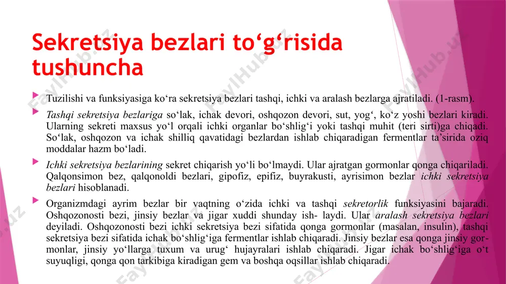 jlanadi. qalqonsimon bez odam embrioni taraqqiyotining 8-9 oyida toʻliq shakllanib, gormon ajrata boshlaydi. qalqonsimon bez boʻyinning oldingi qismida joylashgan bo‘lib, hiqildoqni oldingi va ikki yondan yopib turadi, hiqildoq togʻaylari sohasida joylashgan; 2 palla va boʻyinchadan iborat. bez chap va o‘ng bo‘laklardan iborat boʻlib, juda ko‘p qon va limfa tomirlari hamda nervlar bilan ta’minlangan (2-rasm). qalqonsimon bezni bir juft yuqori va bir juft pastki arteriyalar qon bilan taʼminlaydi, simpatik va parasimpatik nerv tolalari innervatsiya qiladi. qalqonsimon bez funksiyasini markaziy nerv sistemasi, faoliyatini esa gipofiz bezi boshqaradi. gipofizning tireotrop gormoni qalqonsimon bez funksiyasi va rivojlanishini kuchaytiradi. miksedema kasalligi. bazedov kasalligi. triotoksikoz xastaligida qalqonsimon bez ko‘rinishi qalqonoldi bezlari to‘rtta bolakdan iborat. qalqonsimon bez orqa yuzasida joylashgan bo‘lib, uning to‘qimasiga botib kirgan, bezlar ishlab chiqargan paratgormon qonda kalsiy va fosfor miqdorini boshqaradi. nerv va muskul qo‘zg‘aluvchanligiga ta’sir qiladi. bu gormon organizm o‘sishida muhim ahamiyatga ega. bezlar funksiyasi ortib, paratgormon ko‘p ishlab chiqarila boshlasa, qonda …