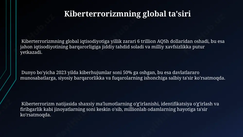 iqtisodiyotni potentsial kiberterroristik hujumlardan himoya qilishda muhim rol o'ynaydi, bu esa mamlakatning yalpi ichki mahsulotining 5% dan ortig'ini saqlab qolishga yordam beradi. fuqarolarning roli va mas'uliyati фуқароларнинг кибертерроризмга қарши курашдаги роли 100% гача кибержиноятчиликни олдини олиш ва тезкорлик билан ҳуқуқ-тартибот органларига хабар беришдан иборат, бу эса зарарни камайтиришга ёрдам беради. киберхужумларнинг 30% дан ортиғи фишинг ёки инжиниринг орқали амалга оширилади, шунинг учун фуқаролар электрон почта ва хабарларга эҳтиёткорлик билан муносабатда бўлишлари ва шубҳали ҳаволаларга босмасликлари зарур. фуқаролар кибертерроризмга қарши курашда маълумот хавфсизлигини таъминлаш, шахсий маълумотларини ҳимоялаш ва шубҳали веб-сайтлардан сақланиш орқали 70% гача таҳдидни камайтиришлари мумкин. kiberterrorizmning ta'rifi va xususiyatlari kiberterrorizm – bu siyosiy maqsadlarga erishish uchun axborot tizimlariga qarshi amalga oshiriladigan, keng ko'lamli buzilishlar va 1000 dan ortiq foydalanuvchilarga zarar yetkazadigan hujumlardir, va bu milliy xavfsizlikka jiddiy tahdid soladi. kiberterrorizm hujumlarining xususiyatlariga yuqori texnologiyalarni qo'llash, anonimlikning ta'minlanishi, hujumning transmilliy xarakteri va jiddiy iqtisodiy va ijtimoiy oqibatlarning yuzaga kelishi kiradi. …