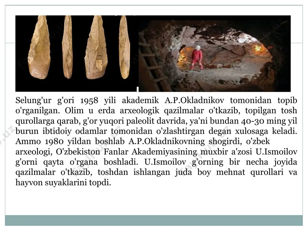 : agar kolleksiyada haqiqiy qo'l asboblari bo'lmasa, ashel haqida gapirish mumkinmi? selungʻur tosh qurollari shakllari boshqa tomondan, xom ashyoning tabiati chaqmoqtosh (daryo shag'al) bo'lishi, maydalagichlarning mavjudligi, tipologik aniq yadrolarning yo'qligi, qisqa va katta asboblarning ko'pligi, ularga yaqin plastinka yoki asboblarning yo'qligi ko'rsatadi. selungʻur oʻrta osiyo materiallariga, ayniqsa koratov va laxuti yodgorliklariga yaqin. agar selung'urning barcha qatlamlari materiallari umumlashtirilgan holatda olingan bo'lsa, unda bu bayonot yodgorlikning barcha besh qatlamining materiallari qatlamma-qavat sinchiklab o'rganilgunga qadar yagona to'g'ri xulosa bo'lib qoladi. bunda, janubiy tojikiston materiallari bilan solishtirganda, selung'urda mustafoga xos bo'lgan tosh buyumlarning ba'zi turlari mavjud, hatto selung'ur ham biroz arxaik ko'rinishga ega. selung'urni birinchi paleolit ​​davriga xos yodgorlik sifatida ko'rgan holda, uni tosh emas, chaqmoqtosh madaniyatlari doirasiga kiritish to'g'ri bo'lgan ko'rinadi. biroq, bunday xulosaga kelgan yuqoridagi mutaxassislar selangorda bir qator qo'l bolg'alarining mavjudligidan bexabar ko'rinadi. selung'ur qatlamlarining geologik qadimiyligi hali to'liq isbotlanmagan. u. i. islomov va uning hamkasblarining maqolalarida yodgorlik qatlamlari birinchi …