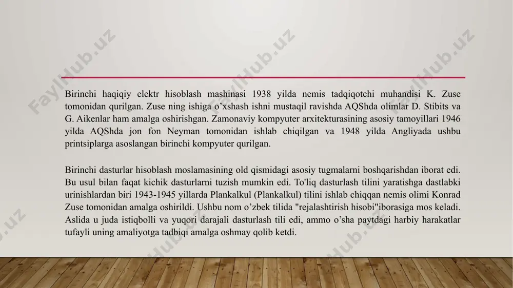 small // модель памяти . data // инициализированные данные: msg db ’hello ,ђ world ’, 13, 10, ’$’ . code // исполняемый код: start : mov ax , @data // загрузка адреса сегмента в регистр ds mov ds , ax mov ax , 0900 h lea dx , msg int21h mov ax , 4 c00h int21h end start assambler buyruqlari shunchaki ikkilik kodlardagi qulayroq belgilangan ko'rsatmalardan iborat bo'lganligi uchun, qoida tariqasida mashina kodlaridagi dasturlar va assemblerdagi dasturlar o'rtasida bir-biriga mos keladigan muvofiqlikka erisha olishlari mumkin shu sababli ular bir-birlarini o’zaro almashtira oladilar. assemblerlarning asosiy afzalligi va asosiy kamchiligi ham mana shunda. bir tomondan, ikkilik kodlarda dasturlash kompilyator dasturi yozilgan paytdan boshlab keraksiz bo'lib qoldi. boshqa tomondan, agar ko'rsatmalar yoki registrlar o'zgartirilsa, assembler dasturi foydasiz bo'lib qoladi. kompyuter arxitekturasi tez-tez o'zgarib turishi va shu bilan birga turli xil arxitekturadagi kompyuterlarning o’zaro birgalikda ishlashiga zarurat bo’lganligi sababli, assemblerdagi dasturlarni doimo qayta yozilib …