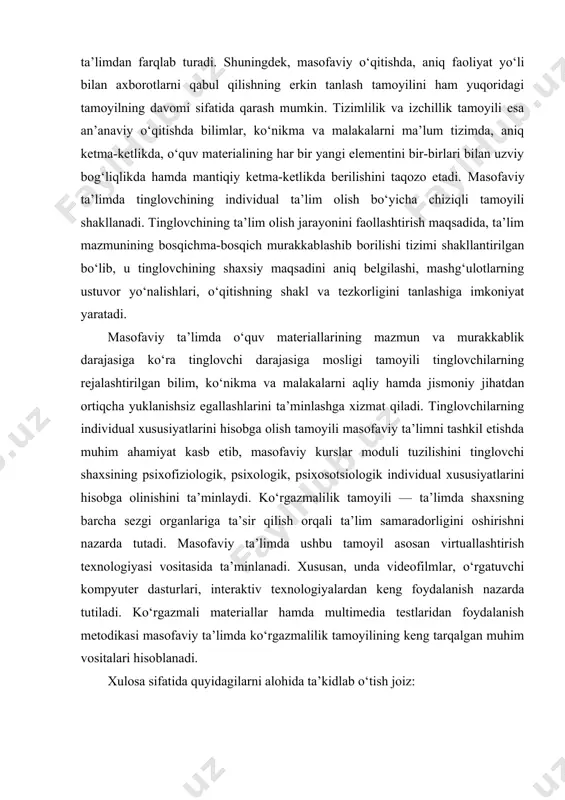 iyasi vositasida ta’minlanadi. xususan, unda videofilmlar, o‘rgatuvchi kompyuter dasturlari, interaktiv texnologiyalardan keng foydalanish nazarda tutiladi. ko‘rgazmali materiallar hamda multimedia testlaridan foydalanish metodikasi masofaviy ta’limda ko‘rgazmalilik tamoyilining keng tarqalgan muhim vositalari hisoblanadi. xulosa sifatida quyidagilarni alohida ta’kidlab o‘tish joiz: 1. masofaviy ta’lim tizimi kadrlarni tayyorlash va ularning malakalarini oshirish hamda ta’lim muassasalarini kasbiy tayyorgarlikka ega bo‘lgan kadrlar bilan ta’minlashda ijobiy samara beradi. 2. kompyuterlar va tarmoqli telekommunikatsiya texnologiyalarining ta’limda qo‘llanilishi pedagoglar malakasini oshirishda qulay vosita hisoblanadi. 3. o‘qituvchilar malakasini oshirish va ularni qayta tayyorlash tizimida didaktik tamoyillarga amal qilingan holda masofaviy ta’lim shakllaridan foydalaniladi. 18-asrning oxirida evropada muntazam va qulay pochta aloqasi o'rnatilganda, "muxbirlarni tayyorlash" kabi hodisa yuzaga keldi. o'quvchilar o'qituvchilar bilan yozishmalar olib borishdi, o'quv materiallarini pochta orqali olishdi. va ular imtihonlarni o'z hududidagi ishonchli odamga topshirishdi yoki ilmiy rahbar shaklida pochta orqali rahbariga yuborishdi. rossiyada bu yerga ichida paydo bo'ldi xix oxir asr. 1979 yilda xitoyda masofaviy ta'lim tarixida …