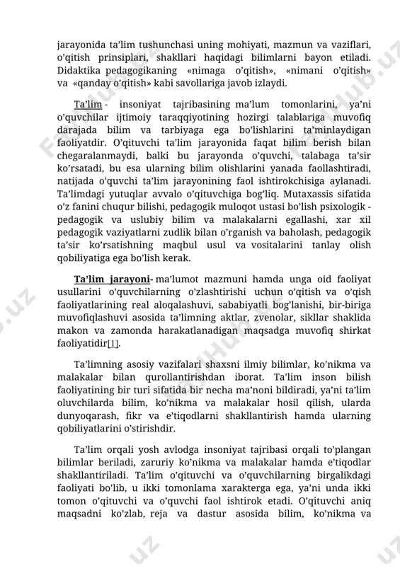 bilish, ya’ni ushbu fanga tegishli ilmiy bilimlarni o’zlashtirish va amaliyotga tadbiq qila olishdir. 2.tarbiyaviy maqsad - fan asoslarini o’zlashtirish orqali uning mazmunida yotgan g’oyalar, dunyoqarashlar ta’sirida o’zining shaxsiy sifatlarini, imon - e’tiqodlarini shakllantirishdir. 3.rivojantiruvchi maqsad - ta’lim jarayoni ta’sirida shaxsning aqliy kamolatini, bilish qobiliyatini, o’qishga, mehnatga bo’lgan munosa-batini rivojlantirishdan iborat. bu maqsadlarni amalga oshirish natijasida o’quvchi - talabada mustaqil ishlash iste’dodi paydo bo’ladi. uni o’ylashga o’rgatadi, ta’lim jarayonida tafakkur hukmronlik qiladi . ta’lim jarayoni mohiyati va vazifalari ta’lim qoidalari deb, umuminsoniy tarbiyaning maqsad va vazifalarini amalga oshirishga qaratilgan o‘qish va o‘qitish jarayonining yo‘nalishi, o‘quvchilar tomonidan ilmiy bilimlarni o‘zlashtirilishi, bilim va malakalar hosil qilishning asosiy qonun va qoidalari yig‘indisiga aytiladi. o‘qitish tamoyillari bir-biri bilan bog‘liq. jismoniy tarbiya o‘qituvchisi va trener tomonidan o‘qitish tamoyillaridan birining buzilishi o‘z-o‘zidan ikkinchisining buzilishiga olib keladi. o‘qitish tamoyillari qadimdan yoritilib berilgan. ular buyuk sharq va g‘arb allomalarining ijodiy merosida aks ettirilgan. buyuk o‘zbek mutafakkiri farobiy “namunali ta’lim” …