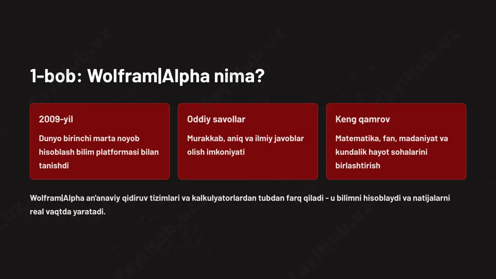 va o'rganishni osonlashtirish 3-bob: amaliy misollar algebraik tenglamalar chiziqli va kvadrat tenglamalar, tengsizliklar sistemasini yechish va grafik ko'rinishda tasvirlash funksiyalar tahlili matematik funksiyalarni chizish, hosilalar va integrallar hisoblash fizika muammolari tezlik, kuch, energiya, to'lqin va elektromagnetizm bo'yicha hisob-kitoblar matematik tenglama va uning wolfram|alpha yechimi "integrate x^2 * sin(x) dx" so'rovi bir necha soniya ichida bosqichma-bosqich integrallash jarayoni, yakuniy natija va grafik tasvir bilan javob beradi. har bir matematik amal tushuntiriladi va o'quvchi jarayonni to'liq anglaydi. kundalik hayotda wolfram|alpha moliyaviy hisob-kitoblar valyuta kurslarini real vaqtda kuzatish kredit va investitsiya hisoblash inflyatsiya tahlillari sog'liqni saqlash ovqatlanish va kaloriya hisoblash dori dozalari va ta'sirlar jismoniy mashqlar tahlili wolfram|alpha shunchaki ilmiy kalkulyator emas - bu kundalik hayotning barcha jabhalarida yordamchi. jamiyat va madaniyat sohalari san'at va musiqa rassomlar, kompozitorlar biografiyasi, asarlar tahlili tilshunoslik so'z kelib chiqishi, grammatika qoidalari, tarjima siyosat va iqtisodiyot mamlakatlar statistikasi, saylov natijalari, iqtisodiy ko'rsatkichlar geografiya shaharlar, tog'lar, daryolar haqida batafsil …