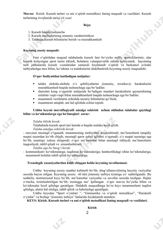 mantiqiy xulosa chiqaradi; o‘quv ma’lumotlar bilan mustaqil ishlaydi; ma’lumotlarni taqqoslaydi, tahlil qiladi va umumlashtiradi; talaba ega bo‘lmog‘i kerak: · kommunikativ ko‘nikmalarga; taqdimot ko‘nikmalariga; hamkorlikdagi ishlar ko‘nikmalariga; muammoli holatlar tahlil qilish ko‘nikmalariga. texnologik xususiyatlardan kelib chiqqan holda keysning tavsifnomasi: ushbu keysning asosiy manbai kabinetli bo‘lib, shug‘ullanuvchining hayotiy vaziyatlar asosida bayon etilgan. keysning asosiy ob’ekti jismoniy tarbiya tizimiga yo‘ naltirilgandir. bu tashkiliy institutsional keys bo‘lib, ma’lumotlar vaziyatlar va savollar asosida tuzilgan. hajmi o‘rtacha, tizimlashtirilgan bo‘lib, treningga mo‘ ljallangan o‘quv mavzu bo‘yicha bilim va ko‘nikmalar hosil qilishga qaratilgan. didaktik maqsadlarga ko‘ra keys muammolarni taqdim qilishga, ularni hal etishga, tahlil qilish va baholashga qaratilgan. ushbu keysdan “sport o‘yinlari ”, “gimnastika va o‘qitish metodikasi”, “harakatli o‘yinlar” va boshqa “jismoniy tarbiya” fanlarida foydalanish mumkin. keys: kirish. kurash turlari va uni o‘qitish metodikasi faning maqsadi va vazifalari. kirish milliy kurash sporti 2 ta turga bo‘linib, ular “buxorocha usuli” va “farg‘onacha usuli” kabi turlarni o‘z ichiga oladi. ushbu …