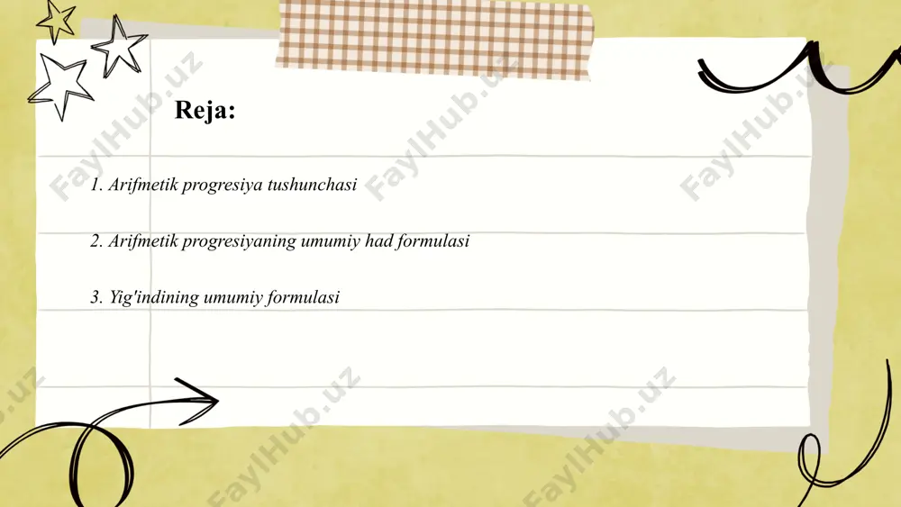 tenglama bo'lib, progressiyadagi dastlabki n ta sonning qiymatini hisoblash uchun ishlatiladi. ... t.me/slaydai_bot progressiyaning birinchi haddi matematikada muhim tushunchalardan biridir. progressiya ikki turga bo'linadi: arifmetik va geometrik progressiya. arifmetik progressiyada birinchi haddi a1 bo'lib, u dastlabki qiymatni ifodalaydi. geometrik progressiyada esa birinchi haddi a1 geometrik nisbatga ko'paytiriladigan boshlang'ich qiymatdir. masalan, agar arifmetik progressiyaning birinchi haddi 5 va ayirmasi 3 bo'lsa, ketma-ketlik 5, 8, 11 kabi davom etadi. geometrik progressiyada birinchi haddi 2 va nisbat 3 bo'lsa, ketma-ketlik 2, 6, 18 kabi bo'ladi. birinchi haddi aniq ma'lumotlar berishda va ketma-ketlik elementlarini hisoblashda asosiy vosita hisoblanadi. ... t.me/slaydai_bot . 1-m а s а l а . dastlabki n ta natural son yig'indisini toping. natural sonlarning 1,2, 3,4, 5, 6, ...,n,... ketma-ketligi ayirmasi d = 1 bo'lgan arifmetik progressiyadir. a1 = 1 va an = n bo'lgani uchun (1) formula bo'yicha topamiz: shunday qilib, ... t.me/slaydai_bot 7. hadlar soni 7 soni matematikada o‘ziga …