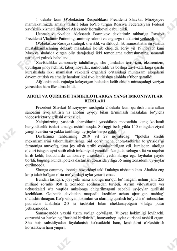 quyosh, shamol elektr stansiyalari o‘rnatgani uchun aholi va tadbirkorlarga qanday imtiyozlar berilgan bo‘lsa, kichik gidrostansiyalar uchun ham shunday imtiyoz va subsidiyalar qo‘llanilishi belgilandi. gidroinshootlarni ishlatish uchun malakali mutaxassislar tayyorlash masalasiga ham to‘xtalib o‘tildi. texnika, irrigatsiya va arxitektura yo‘nalishidagi oliy o‘quv yurtlarida bunga alohida ahamiyat qaratish, ularda qurilish hamda gidravlik laboratoriyalar tashkil etish zarurligi qayd etildi. yangi massivlar loyihasi taqdimot qilindi shavkat mirziyoyev o‘zbekiston prezidenti lavozimiga kirishish marosimida kelgusida 1 milliondan ortiq aholi uchun barcha qulaylik va ijtimoiy infratuzilmaga ega bo‘lgan “yangi o‘zbekiston” massivlari bunyod etilishini aytgan edi. shu yil 2 noyabr kuni o‘tkazilgan videoselektor yig‘ilishida bu dasturning amaliy jihatlari muhokama qilindi. o‘tgan bir oyda yangi massivlar uchun shahar yoki tuman markaziga yaqin, infratuzilmaga ega joylar tanlanib, dastlabki loyihalar shakllantirildi. mazkur loyihalar 30 noyabr kuni davlat rahbari huzurida taqdimot qilindi. rejaga ko‘ra, kelgusi yilda 22 ta yangi massiv barpo etiladi. quruvchi tashkilotlarga yengillik berish maqsadida faqatgina ko‘p qavatli uy-joy maydonining o‘zi …