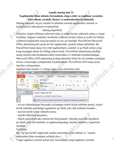 taqdimotlar bilan ishlash (formatlash, chop yetish va taqdimot yaratish) — DOCX