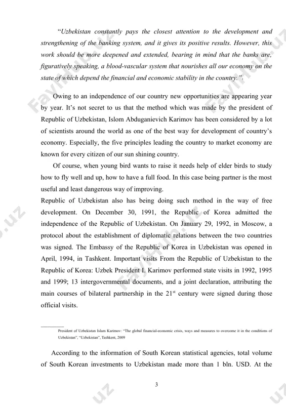 the banking spheres of the two countries have a good friendship. as an illustration, it can be mention that, “uzkdb bank” (uzbekistan-korea development bank, css) was established in the 5th of may, 2006 and its activity is being directed by the demands of financial ministry of uzbekistan and financial-economic ministry of south korea. also, one of the most developed korean banks “shinhan bank” received a license to make its activity from central bank of uzbekistan in the 9th of august, 2009. financial and economic crisis around the world has impacted to finance system of south korea too. however, this country is considered one of the countries which went out with less loss than others from the crisis. in this diploma work i want to pay attention to the banking system of republic of korea by learning its history, nowadays structure, its condition in the world financial-economic crisis, comparing its features …