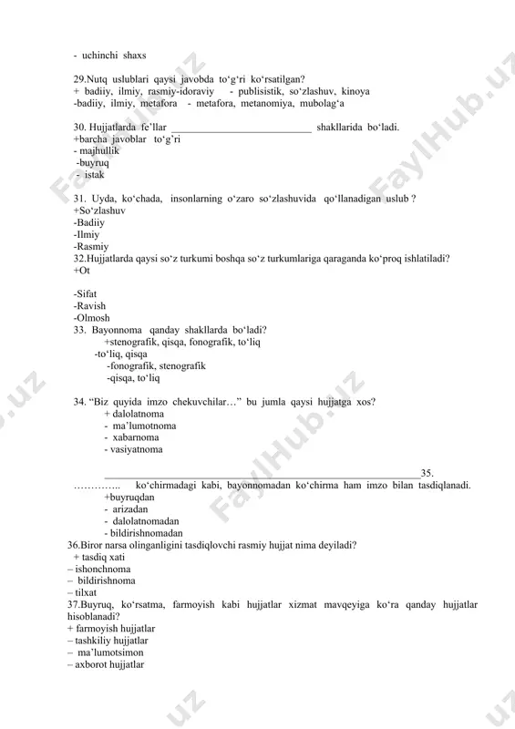 mat – idoraviy yoki rasmiy 40. so'zlashuv uslubining asosiy belgilari qaysi javobda berilgan? + oddiylik, betakalluflik – oddiylik, tantanavorlik – betakalluflik, ilmiylik – oddiylik, betakalluflik, hayajonlilik 41. publisistik uslubga xos xususiyatni toping? + mantiqiylik, izchillik – ilmiylik, soddalik – tantanavorlik, jo‘shqinlik – ilmiylik 42.ilmiy uslubga xos xususiyatni belgilang?. + so'z va atamalarni ko'proq qo'llash – ko'chma ma'noli so'zlarni qo'llash – eskirgan so'zlarni qo'llash – neologizmlarni qo'llash 43. badiiy uslubga xos xususiyat qaysi javobda berilgan? + obrazlilik, estetik ta'sir etish vazifasi – tasviriy vositalarni qo'llamaslik – badiiylik, atamalarni qo'llash – soddalik, tantanavorlik 44.oqsil juda murakkab yuqori molekulali birikmadir. suv molekulasi uch atom vodoroddan iborat. + ilmiy uslub – badiiy uslub – publitsistik uslub – so'zlashuv uslubi 45. quyidagi hujjatlarni qaysi birida da`vat etish , axborot o`z aksini topadi + buyruq – bildirgi – ishonchnoma – ma`lumotnoma 46. muassasaning asosiy va kundalik vazifalarini hal etish maqsadida qo‘llaniladigan hujjat + buyruq deyiladi – …