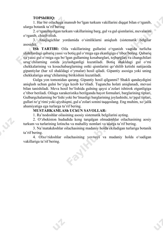 na’matak turkumi vakillarining gul formulasi sa5so5a∞g∞. 3. olmadoshlar oilachasi - pomoideae. bu oilacha vakillari daraxt va butalar bo‘lib, barglari asosan oddiy ba’zan murakkab. guli besh bo‘lakchali, gultojining gultojibarglari odatda beshta. ginetsey sinkarp. gul o‘rnining qadah shaklida bo‘lishi va tugunchaning ostki bo‘lishi bu oilachaning o‘ziga xos belgisi hioblanadi. gul formulasi - *sa(5)s5a∞g(5). mevasi olmasimon meva deb ataladi. bu oilachaga - olma, nok, behi, do‘lana, chetan kabi turkum vakillari misol bo‘ladi. 4. olxo‘ridoshlar oilachasi (prunodeae). bu oilacha vakillari daraxt va buta o‘simliklari bo‘lib, barglari oddiy, gul o‘rni biroz botiq mevabarglari bitta. gul formulasi *sa(5)so5a∞g1. mevasi-danak (quruq yoki ho‘l). bu oilachaning gilos (cerasus), o‘rik (armeniaca), shoftoli (persica), bodom (amygdalus) kabi turkum vakillari keng tarqalgan bo‘lib, bog‘dorchilikda katta ahamiyatga ega. topshiriq: 1. har bir oilachaga mansub bo‘lgan turkum vakillarini diqqat bilan o‘rganib, ularga botanik ta’rif bering 2. o‘rganilayotgan turkum vakillarining barg, gul va gul qismlarini, mevalarini o‘rganib, chizib olish. 3. aniqlagichlar yordamida o‘simliklarni aniqlash …