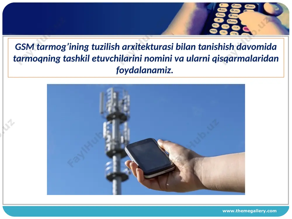 ini ko’p marotaba kengaytirish imkonini beradi. ma’lum bir bs ga ta’sir qiluvchi halaqitlarni umumiy darajasini kamaytirish uchun, aylanaviy yo’nalganlik diagrammasida ega bitta antenna (ayd) dan foydalanish o’rniga bir nechta sektorli antennadan iborat. www.themegallery.com odatda sotalarni sektorlashda 3 ta yoki 6 ta sektordan foydalaniladi. ularning aydsi esa 1200 va 600 ga teng. 3 talik sektorli sotalardan foydalanilganda halaqit beruvchi signallar darajasi 3 barobar kamayadi, 6 talik sektorli sotalaradan foydalanilganda esa 6 barobargacha kamayadi. www.themegallery.com click to edit company slogan . thank you ! www.themegallery.com www.themegallery.com image2.png image3.jpeg image4.jpeg image5.jpeg image6.jpeg image7.jpeg image8.jpeg image9.jpeg image10.jpeg image11.jpeg image12.jpeg image13.jpeg image14.jpeg image15.jpeg image16.jpeg image17.jpeg image18.jpeg image19.jpeg image1.png