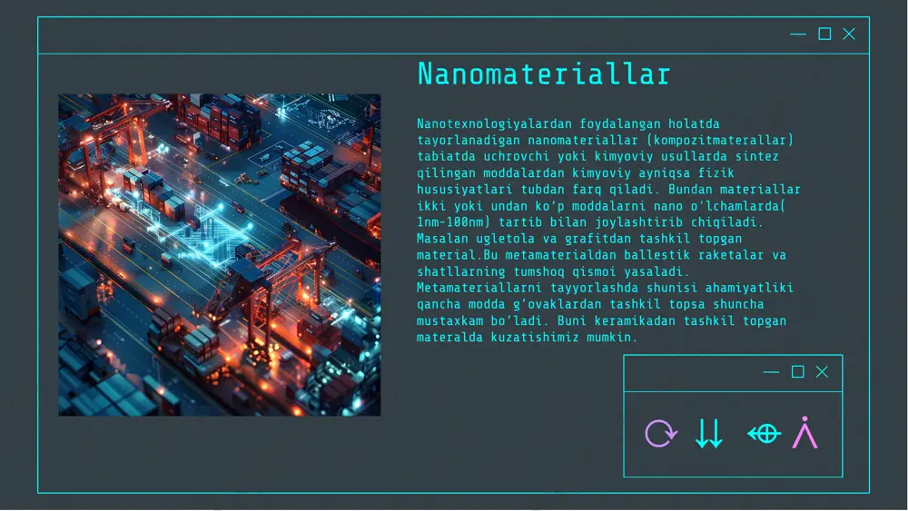 i aramcotomonidan karoziyaga chidamli nanomaterallar yuqori samaradorlikka ega bo'lib chiqdi. ushbu maqsadda avval ishlatilib kelinayoptgan xromli qotishmalar kabi zaharli emas va nizn qotishma kabi past unumdurlikka ega emas edi.ushbu material co dan tashkil topgan bo'lib yuqori chidamlilik va sintez qilishda iqtisodiy qulay hisoblanadi. quyidagi diagrammada buni ko'rish mumkin. karroziyalanish darajasi ko'rsatkichlar nano materiallarni ishlatilishi neft va gazni qayta ishlash soxasida issiqlikning yoqotilishi juda muhm muammodir. mutaxasislarning fikricha qariyb energiyaning 50%ga uskunalarni hisobiga sarf boladi. bu sanoat miqyosida katta sarf harajatdir. ushbu soxadagi ilmiy- izlanishlar uskunalar sir yuzasini aerogellar yordamida izolatsiya qilish imkoniyatiga olib kelkdi. industrial nanotech, inc kompaniyasi tomonidan yaratilgan nansulate materiali, hydro-nm-oxide, akril qatroni(metamateral) va bir qator moddalarni arlashmasi bo'lib uskunalarni tashqi muhitdan samarali izolatsiyalaydi. quyidagi jadvalda sarflanadigan temperaturalarni solishtirish mumkin. nanozarrachalarni qollanilishi nanozarrachalar tomonidan taqdim etilgan imkoniyat quduqlardan olingan emulsiyalarni real vaqt rejimida tahlil qilish bilan bog'liq. bunda nanozarrachalarni ineksiya qilinadi. bu sohadagi yirik kompaniyalardan biri mast inc. …