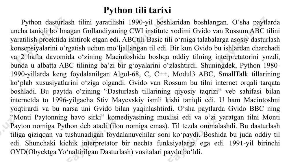 ) berilishi mumkin: print('hello world!') ma’lumotlar ekranga chiqqanida ma’lumotning oxiriga nuqta, vergul, probel va h.k. belgilarni chiqarish uchun print() ning end xususiyatidan foydalanamiz: input() ekrandan berilganlarni kiritish uchun qo‘llaniladi. input() funksiyasiga argument sifatida biror bir satr berilishi mumkin. ushbu satr konsol ekranida aks ettirilib, kiritilishi kerak bo‘lgan berilganlar uchun yordamchi taklif vazifasini bajaradi. o‘zgaruvchilar – o‘z qiymati va turiga ega kattalik, o‘zida qiymatlarni saqlaydigan kompyuter xotirasidagi yacheyka nomi. o‘zgaruvchining qiymatlari dastur davomida o‘zgarib turishi mumkin. doimiy (o‘zgarmas) – faqat o‘qish uchun mo‘ljallangan qiymatlarni saqlovchi kompyuter xotirasidagi yacheyka nomi. doimiylar o‘zgaruvchilar kabi o‘z qiymati va turiga ega identifikatorlar – o‘zgaruvchilar, doimiylar, funksiyalar, protseduralar, modullar, dasturlarning umumiy nomi ma’lumotlar turi – kompyuter xotirasidagi yacheykada saqlanadigan ma’lumotlar shakli. kiritilayotgan ma’lumotlarni aniq biror bir turga tegishli qilish mumkin: butun_son=int(input('butun son kiriting:')); haqiqiy_son=float(input('haqiqiy son kiriting:')); satr=str(input('satr kiriting:')); print("siz kiritgan butun son:",butun_son); print("siz kiritgan haqiqiy son:",haqiqiy_son); print("siz kiritgan satr:",satr); e’tiboringiz uchun rahmat! image1.png image2.jpeg image3.png image4.png …