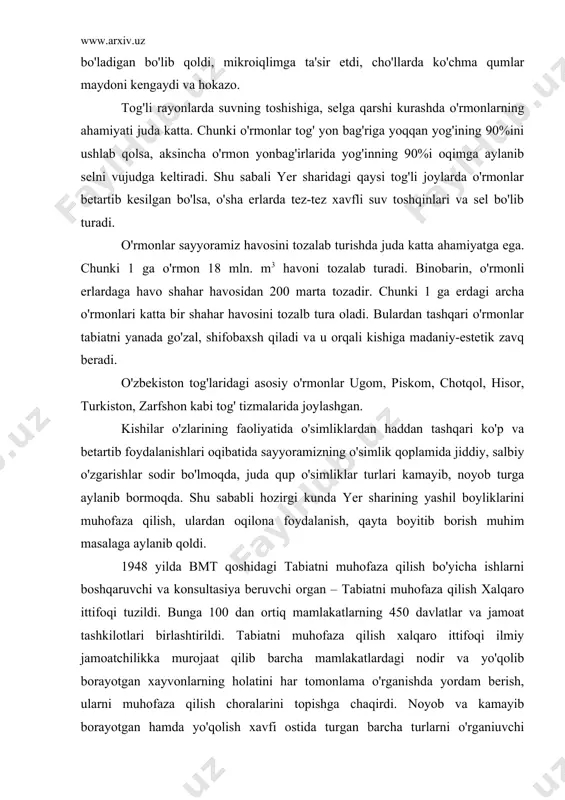 qup o'simliklar turlari kamayib, noyob turga aylanib bormoqda. shu sababli hozirgi kunda yer sharining yashil boyliklarini muhofaza qilish, ulardan oqilona foydalanish, qayta boyitib borish muhim masalaga aylanib qoldi. 1948 yilda bmt qoshidagi tabiatni muhofaza qilish bo'yicha ishlarni boshqaruvchi va konsultasiya beruvchi organ – tabiatni muhofaza qilish xalqaro ittifoqi tuzildi. bunga 100 dan ortiq mamlakatlarning 450 davlatlar va jamoat tashkilotlari birlashtirildi. tabiatni muhofaza qilish xalqaro ittifoqi ilmiy jamoatchilikka murojaat qilib barcha mamlakatlardagi nodir va yo'qolib borayotgan xayvonlarning holatini har tomonlama o'rganishda yordam berish, ularni muhofaza qilish choralarini topishga chaqirdi. noyob va kamayib borayotgan hamda yo'qolish xavfi ostida turgan barcha turlarni o'rganiuvchi diomiy komissiya tuzdi. bu komissiya bir necha yillar (1949-1966) mobaynida nodir va kamayib borayotgan hamda yo'qolshi xavfi ostida turgan barcha turlar haqida material to'plab, maxsus “qizil kitob” (the red data book) va hozirgi foydalanish joyi, soni, biologik xususiyatlari, dunyo hayvonot bog'laridagi miqdori va har xil mamlakatlarda ximoya qilish uchun qabul …