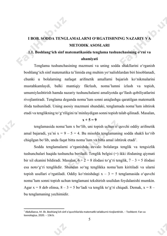 i x = 12 – 7 = 5 bo‘ladi, y – 4 = 6 tenglamaning yechimi y = 6 + 4 = 10 bo‘ladi, 3 · z = 15 tenglamaning yechimi z = 15 : 3 = 5 bo‘ladi, k : 5 = 4 tenglamaning yechimi k = 4 · 5 = 20 bo‘ladi. o‘quvchilar sodda tenglamalar bilan ishlash jarayonida nafaqat amallarni to‘g‘ri bajarishga, balki tenglamaning mazmunini tushunishga o‘rgatiladi. masalan, 12 – x = 7 tenglamasida noma’lumni topishda ko‘pchilik bolalar x = 12 – 7 = 5 tarzida to‘g‘ridan to‘g‘ri yechishi mumkin, lekin aslida bu masalani tahlil qilishda x ni ayriluvchi sifatida anglash muhimdir. ya’ni, 12 sonidan qanday sonni ayirsak 7 hosil bo‘ladi, degan savolga javob izlanadi. shunday qilib, x = 5 yechim sifatida olinadi. bu orqali o‘quvchilarda tahliliy fikrlash, amallar orasidagi bog‘lanishlarni tushunish va mustaqil qaror chiqarish ko‘nikmalari rivojlanadi[footnoteref:2]. [2: abduraxmonova, d. o‘quvchilarning mustaqil fikrlash faoliyatini o‘stirishda didaktik o‘yinlarning …