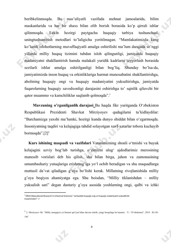 hozirgi davrdagi xususiyatlarini tahlil qilish hayotiy-amaliy ahamiyatga egaligini ko’rsatadi. t o’rtinchidan, shaxs huquqiy ongining shakllanishi huquqiy ta’lim, huquqiy savodxonlik, huquqni o’qitish, huquqiy bilim, ko’nikma va malakaning darajasi bilan belgilanadi. kurs ishining predmeti. aholiga chuqur huquqiy bilim berishni yo’lga qo’yish orqali huquqiy madaniyatning yuksalishiga erishiladi, boshqacha aytganda, tom ma’nodagi huquqiy ongni shakllantirish talab etiladi. bu esa yoshlarning huquqiy ongini shakllantirishning muhim omili bo’lgan huquqiy ta’limni tashkil etish bilan bog’liq jarayonlarni muntazam o’rganib borish, ilmiy tahlil qilish hayotiy-amaliy ahamiyatga egaligini ko’rsatadi. bunda huquqiy ta’lim-tarbiya, huquqni o’qitish, huquqiy savodxonlik, huquqiy bilim, ko’nikma va malakaning o’rni bilan aloqador masalalarni o’rganish muhimdir . kurs ishining tuzilishi.ushbu kurs ishi kirish,asosiy qism,xulosa va foydalanilgan adabiyotlar qismlaridan iborat. asosiy qismda 2 ta bob va 4 ta reja orqali mavzu yoritib berilgan. i.bob. milliy g'oyani yoshlar ongiga singdirishda innovatsion texnalogiyalarning o’rni 1.1. milliy g'oyaning yoshlar ongiga ta’siri qilishida texnalogik vositalarning ahamiyati jamiyatimizning ustuvor vazifalaridan biri ham barkamol avlodni tarbiyalashdan …