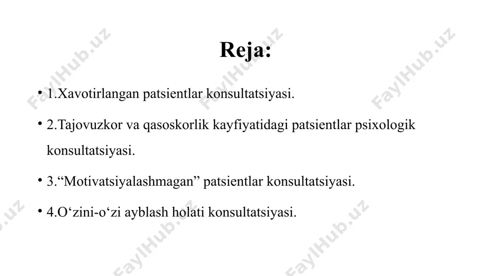a ham nomaqbul bo’lgan fi­krlar, tuygular, axloqni oqlovchi himoya mexanizmi. ratsio­nalizatsiya o’z-o’ziga hurmatni saqlab qolish, javobgarlik va aybdorlikdan qochishda yordamlashadi. ratsionalizatsiya shunisi bilan xavfliki, unda o’z-o’zini aldashning kattagina ulushi mavjud. 6.intellektualizatsiya. bu xissiy kechinmalar va tuy­g’ularni bartaraf etish maqsadida intekllektual imkoniyatlardan bo’rttirilgan foydalanishni ko’zda tutuvchi himoya mexanizmi. intellektualizatsiya tuyg’ularni boshdan kechirishni ular tug’risida fikrlashga almashtiradi. 7.kompensatsiya. bu real va tasavvurdagi kamchiliklarni yengishga ixtiyorsiz urinishdir. 8.reaktiv shakllanish. bu himoya mexanizmi anglash uchun nomaqbul istaklarni ortik darajada usib ketgan, qaramaqarshi tendentsiyalarga almashtiradi. 9.inkor etish. bu ongli darajada nomakbul bulgan fikrlar, tuygular, istaklar, extiyojlarni inkor etish me­xanizmi, ko’pincha inkor etishdan inqirozli vaziyatlar (tuzatib bo’lmas kasal, yaqin odamini yo’qotish) vaqtida foydalaniladi. 10.ko‘chirish. bu hissiyotlarni bitta ob’ektdan ancha maqbul o’rnini bosuvchi ga yo’naltirish mexanizmi. masalan, tajovuzkor tuyg’ularni ish beruvchidan oila a’zolariga ko’chirish, mijozga ichidagilarini aytib olish va uz xavotirini ifodalashiga imkon berish juda muhim. konsultant tushunish va chidamlilikni namoyish etishi zarur. mijozning ichki azobini dikkat …