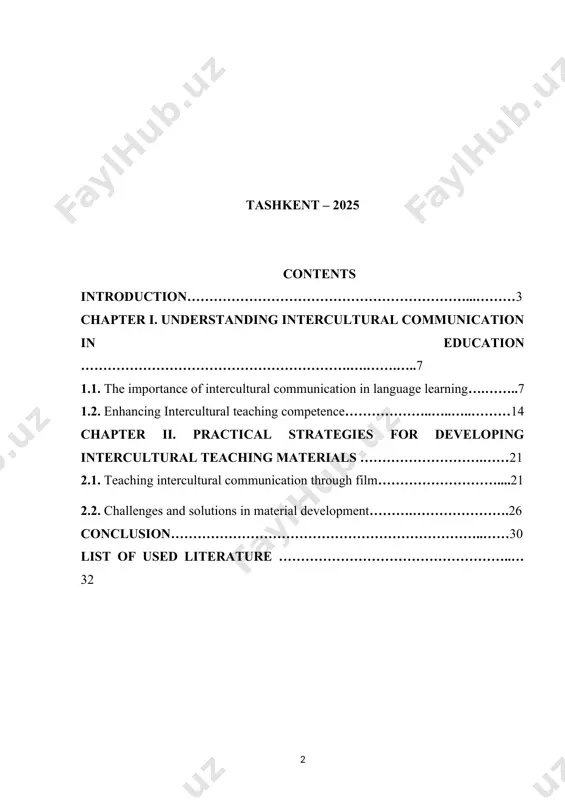 gies to overcome these obstacles. ultimately, this coursework seeks to equip both educators and students with the knowledge and skills necessary to engage confidently and respectfully in a multicultural world. today, uzbekistan is making remarkable strides in its development, particularly in the field of education. since achieving independence, the nation has worked tirelessly to improve various sectors, with education being at the forefront of these reforms. as president shavkat mirziyoyev emphasized, “the education of the youth is one of the most important issues for the future of our country.” [footnoteref:2]recognizing that a well-educated youth is the backbone of any successful nation, the government has focused on ensuring the provision of quality education for all. [2: decree of the cabinet of ministers of the republic of uzbekistan no. 370 “on further improvement of foreign language learning and teaching in uzbekistan”] the relevance of the topic in today’s globalized society, intercultural communication …