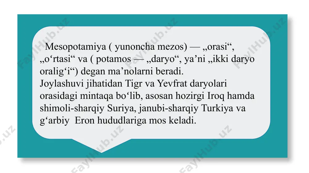 sifatida ishlatila boshlandi. mil.avv. iv ming yillikda mesopotamiyaning janubida shumerlar kelib o‘rnashadi. mil.avv. iii ming yillikda mesopotamiya janubida shumerlar , dajla va frot daryolarining o‘rta oqimida akkadlar , shimolda xurrit xalqlari jamoa davridan davlat va jamiyatga o‘ta boshladilar. qo‘shni jamoa urug‘ jamoalari dehqonchilik bilan shug‘ullanib, ma’lum bir hududlarni egallab, o‘zlarining kichik-kichik davlatlarini tuzdilar. shimolda yirik shahar markazlari ashshur, mari, nineviya va boshqa shaharlar paydo bo‘ldi. mil.avv. iii ming yillikning birinchi yarmida mesopotamiya janubida qator shahar-davlatlar: eredu, ur, larsa, uruk, kish va lagash paydo bo‘ladi. hunarmandchilik yuqori darajada rivojlanadi. metallurgiya sanoati birinchi o‘ringa chiqib oladi. metall quyish, kavsharlash, payvandlash usullari o‘zlashtiriladi. mil.avv. iii ming yillikda shumer janubida 17 shahar-davlat iqtisodiyotining asosi sun’iy sug‘orishga asoslangan dehqonchilik bo‘lib, hunarmandchilik va savdo rivojlangan. mil.avv. iii ming yillik boshlaridan shumerlar jezni o‘zlashtira boshladilar. arxeologlar shu davrdan ilk sulola davrini (mil.avv. 3000–2300-yillar atrofi) deb belgilaydilar. ishonish qanchalik qiyin bo’lsa ham shumerning mahalliy aholisi tarixi an’anaga ko‘ra, …