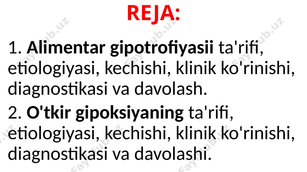 a qiynaladi va onasining surgichlarini topishga intilmaydi. bundan tashqari, barcha hayvonlar turlarida qondagi eritrotsitlar va leykotsitlar soni, shuningdek, gemoglobin, umumiy oqsil va immunoglobulinlar, neytrofillarning fagotsitar faolligining pasayishi qayd etiladi. patologik o'zgarishlar. tishlar, organlar va tizimlar kam rivojlangan va ikkilamchi kasallikning kuchayishi bilan xarakterli o'zgarishlarning ko'rinishi qayd etiladi. davolash. gipotrofik cho'chqalar vaqti-vaqti bilan onasining ko'krak uchlarini topadilar. hipotrofik buzoqlarga kuniga kamida 5 marta so'rg'ichlari orqali yuqori sifatli ichimlik suvi beriladi. nonspesifik immunoglobulinlar, probiyotiklar, vitamin preparatlari va gidrolizatlar tavsiya etiladi. ya. p.masalykina-ning (2009 y.) ma'lumotlariga ko'ra, yangi tug'ilgan buzoqlarga "betaviton" preparatini hayotning birinchi haftasida ikki marta qo'llash ularda diareya bilan kasallanishni kamaytiradi va kunlik o'sishni 29,1% ga keltiradi, gepotrofik buzoqlarda esa gemoglobin va. umumiy oqsil miqdorini kamaytiradi, leykogrammani yaxshilaydi, oqsillarining kolloid qarshiligini to'liq tiklaydi va a, e va c vitaminlari kamayishini oldini oladi. o'tkir gipoksiya - bu bo'g'ilish bilan hayvonning tug'ilishi natijasida yuzaga keladigan kasallik. etiologiya. kasallikning perinatal sabablari- ona hayvonning tanasiga …