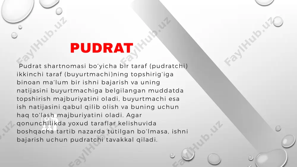 iyatlarini bajarmaganligi yoki lozim darajada bajarmaganligining oqibatlari uchun javobgar bo‘ladi. ishni bajarish muddatlari pudrat shartnomasida ishni bajarishning boshlang‘ich va oxirgi muddatlari ko‘rsatiladi. taraflar o‘rtasidagi kelishuvga muvofiq, shartnomada ishning ayrim bosqichlarini tugallash muddatlari (oraliq muddatlar) ham nazarda tutilishi mumkin. pudrat shartnomasida boshqacha tartib nazarda tutilgan bo‘lmasa, pudratchi ishni bajarishning boshlang‘ich va oxirgi, shuningdek oraliq muddatlarini buzganlik uchun javobgar bo‘ladi. pudrat shartnomasida ko‘rsatilgan ishni bajarishning boshlang‘ich, oxirgi va oraliq muddatlari shartnomada nazarda tutilgan hollarda va tartibda o‘zgartirilishi mumkin. ishning bahosi pudrat shartnomasidagi ishning bahosi pudratchining chiqimlarini va unga to‘lanadigan haqni o‘z ichiga oladi. ishning bahosi smeta tuzish yo‘li bilan aniqlanishi mumkin; taxminiy qat’iy pudratchining amaldagi xarajatlari ish bahosini aniqlash vaqtida (smeta tuzilayotganda) nazarda tutilgan xarajatlardan kam bo‘lgan hollarda, basharti buyurtmachi pudratchining tejami bajarilgan ish sifatiga ta’sir etganligini isbotlay olmasa, pudratchi ishlar uchun pudrat shartnomasida ko‘rsatilgan baho bo‘yicha haq olish huquqini saqlab qoladi. pudratchining tejami agar pudrat shartnomasida bajarilgan ishga yoki uning ayrim …