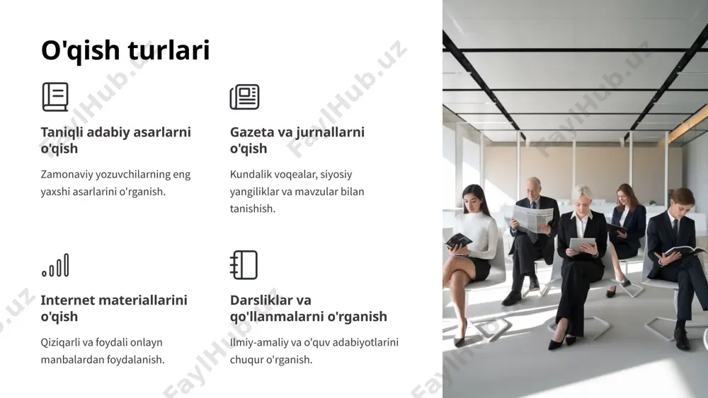 etishga, fikrini to'g'ri tushunishga va tinchlikni his qilishga yordam beradi. 9 mimika va gest ifodali o'qishda mimika va gest muhim ahamiyat kasb etadi. miqtodor qiyofalarda ifoda va harakatlar tinglovchining e'tiborini tortadi va matnning mazmunini yanada aniqroq ochib beradi. qo'llar va yuz ifodalari o'quvchining his-tuyg'ularini, ruhiy holatini, mavzuga munosabatini ko'rsatadi. 10 ifodali o'qishni rivojlantirish mashqlari matn bo'ylab fikrlash matn tarkibini chuqur tushunish va informatsiya, hissiyot va maqsadlarni aniqlash. nutq musiqiyligi intonatsiya, urg'u va pauza orqali matnning musiqa kabi ohangi yaratish. mimika va gest qo'l, bosh harakatlari va yuz ifodalariga e'tibor qaratish. ifodali o'qish mashqlari turli janr va uslublardagi matnlarni o'rganish va mukammallashtirib borish. 11 o'qish malakasini baholash o'qish tezligi oʻquvchining matnni oʻqish tezligi kuzatib boriladi va baholanadi. tushunish darajasi oʻquvchining oʻqigan matnni qay darajada tushunganligini aniqlash uchun savol-javoblar tizimi qoʻllaniladi. ifodalilik oʻquvchining fikrlarini aniq, ravon va boʻrmali bayon etish qobiliyatini kuzatish orqali baholanadi. nutq madaniyati oʻquvchining nutqi, so'zlashuv uslubi, talaffuz va …