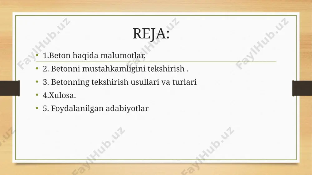 imidan yuqoriroq bosimda issiqlik va namlikni qayta ishlov berish sharoitlarida (avtoklavning qattiqlashishi). gost 25192-2012 klassifikatsiyasiga qoʻshimcha ravishda quyidagi tasnif qoʻllaniladi.tovar miqdori boʻyicha betona quyidagicha boʻlinadi:oʻta ogʻir (2500 kg / m³ dan yuqori zichligi) — barit, magnetit, limonit;ogʻir (zichlik 2200-2500 kg / m³);yengillatilgan (1800-2200 kg / m³ zichligi);yengil (500-1800 kg / m³ zichligi) — keramzibeton, penobeton, gazbeton, pemzobeton, arbolit, vermikulit, perlit;ayniqsa, engil (500 kg / m³ dan kam zichlik).birlashtiruvchi va agregatlar tarkibiga koʻra, konkretlar quyidagilarga boʻlinadi:yupqa (yopishqoq modda miqdori kamligi va qoʻpol agregatlarning koʻpayishi);qalin (biriktiruvchilarning miqdori koʻpaygan va kam miqdordagi qoʻpol agregatlar tarkibida);tovar (standart retsept boʻyicha agregatlar va majburiy materiallarning nisbati) tayyor betonning sifatini tekshirish avval siz sirtni diqqat bilan tekshirishingiz kerak. bu silliq bo'lishi kerak. agar u qishda quyilgan bo'lsa, unda betonda naqsh bo'lmaydi. agar mavjud bo'lsa, ehtimol u quyish davrida muzlab qolgan, bu yomon. natijada, strukturaning mustahkamligi 50-100 kg / sm2 ichida kamayadi. (ya'ni, agar siz m300 markali betonni …